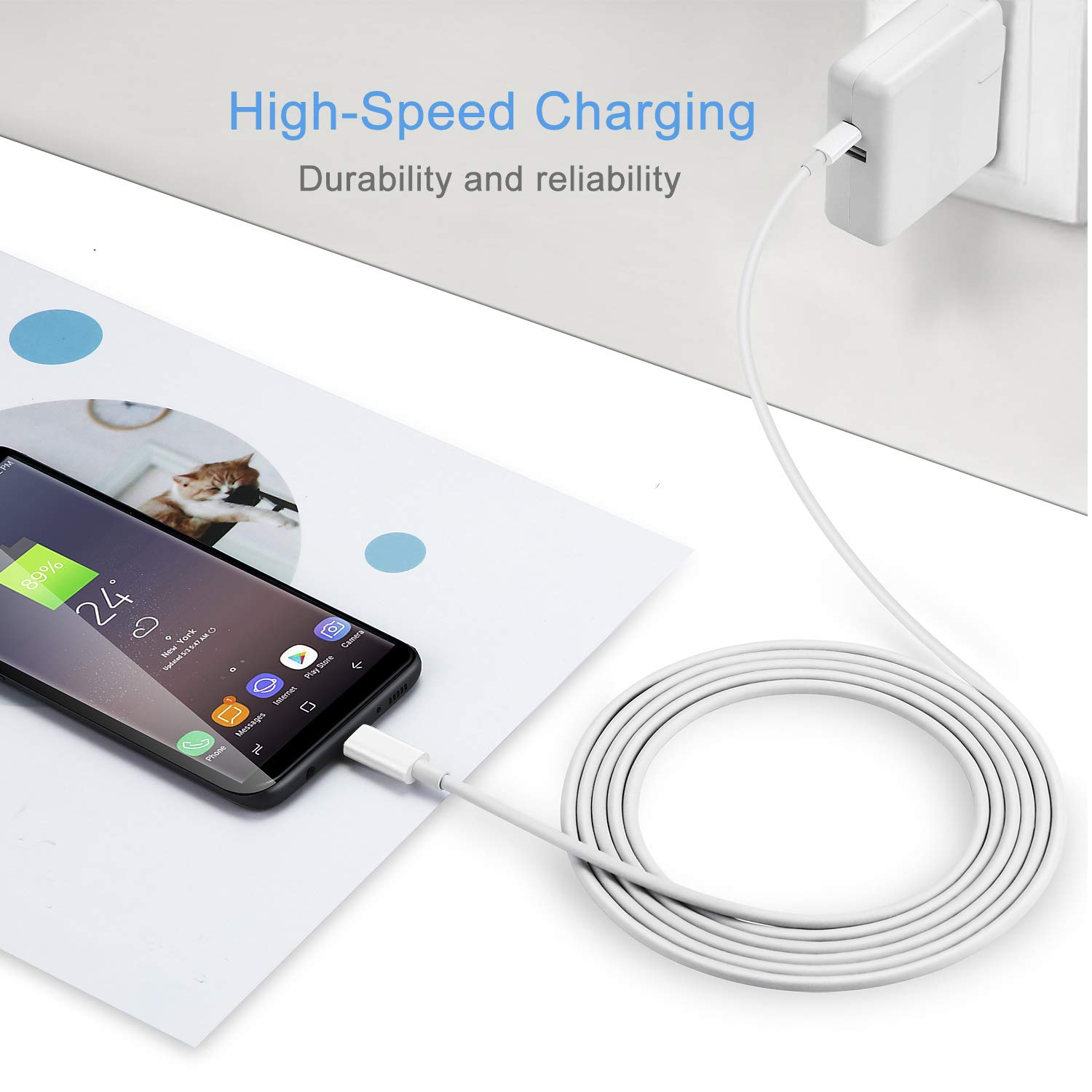 6.6ft USB C to USB C Cable Fast Charging 3A & Data Sync | Compatible with MacBook Pro 2022/Air, iPad Pro, Google Pixel, Nexus 6P/5X, Nintendo Switch | Durable Nylon Braided White Cable for Home, Office & Travel Charging