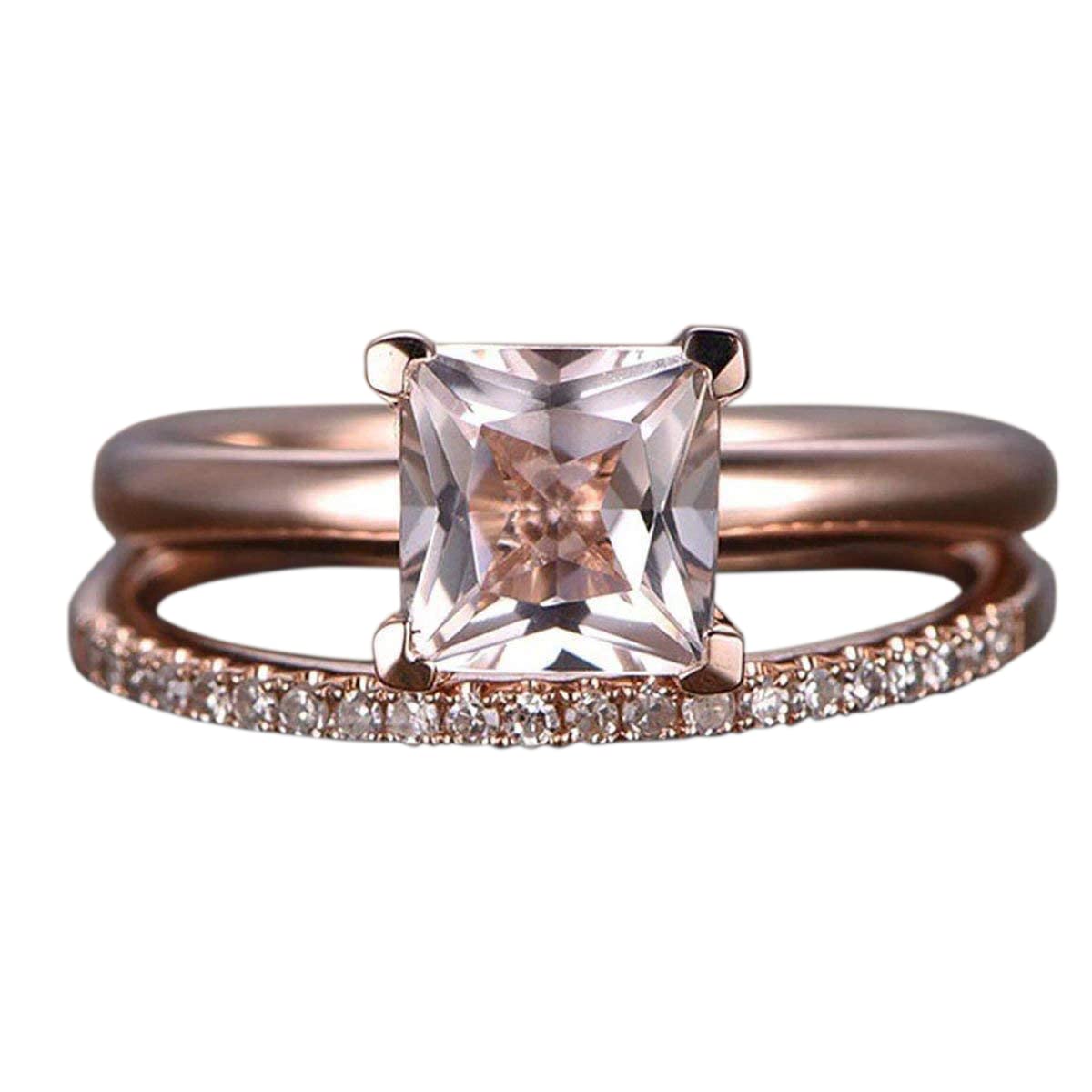 1.25 Carat Princess Cut Morganite & Diamond Bridal Ring Set in 18K Gold Plating - Perfect Wedding & Engagement Jewelry for Brides, Anniversary Gift for Her - Ideal for Proposals, Vows & Special Occasions