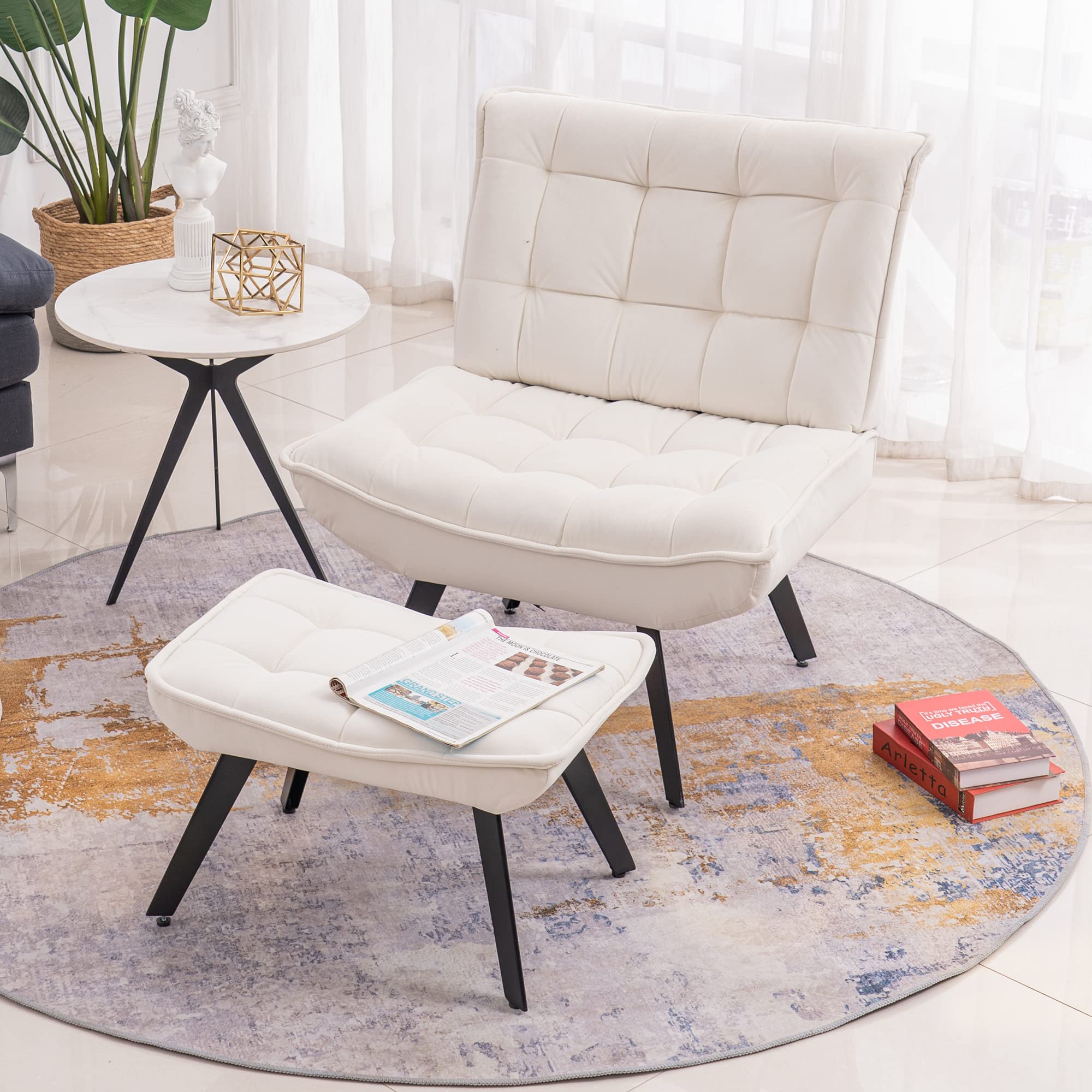 Modern White Soft Velvet Accent Chair with Ottoman - Extra Wide Comfortable Armchair for Living Room, Bedroom & TV Lounge - Plush Leisure Seating with Black Metal Legs - Perfect for Relaxing, Reading & Home Decor
