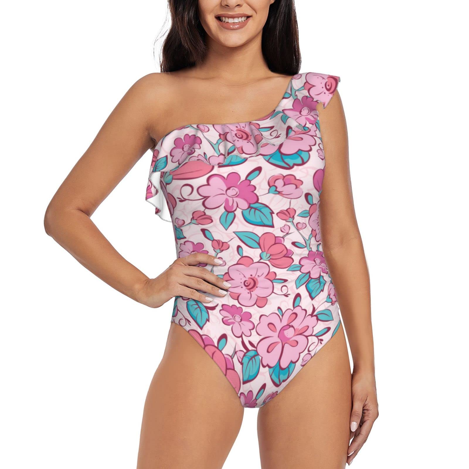 **Women's One Shoulder Asymmetric Ruffle One Piece Swimsuits - Floral Print Bathing Suit for Beach, Pool & Vacation**