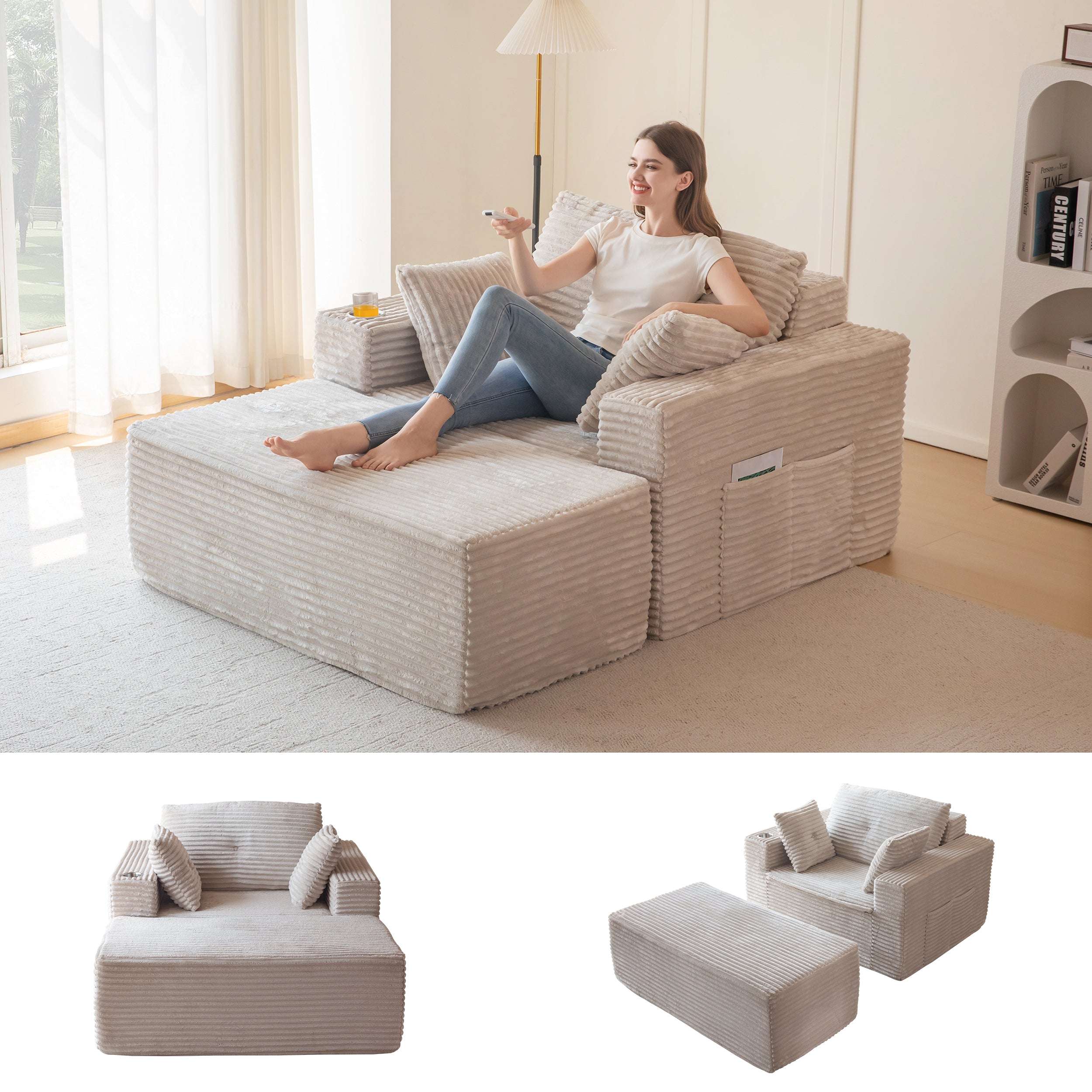 MAXYOYO Oversized Chaise Lounge Sofa - Modern Upholstered Living Room Chair with 3 Pillows & Ottoman, Comfortable Boneless Sofa Couch for Bedroom, Apartment or Dorm - Deep Seat Sleeper Chair (Grey, No Assembly Required) - Perfect for Relaxing, Reading & Lounging