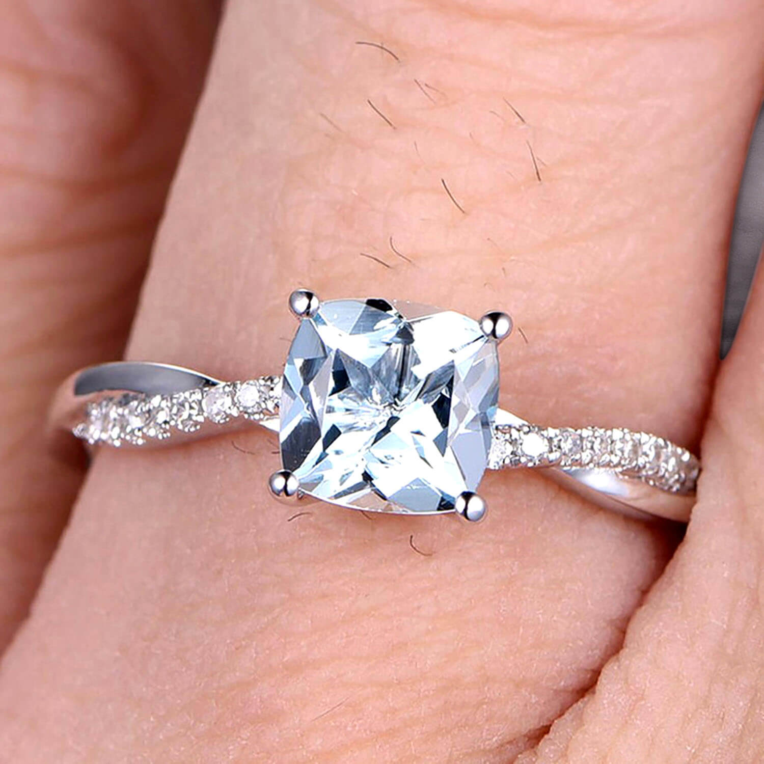 10K White Gold Aquamarine Engagement Ring - 1.25ct Cushion Cut Vintage Moissanite Diamond Ring for Women | Perfect for Proposals, Anniversaries & Bridal Jewelry