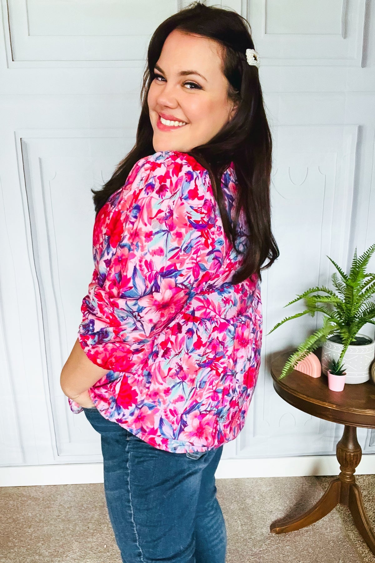 Feeling Femmi Pink & Fuchsia Floral Peplum Woven Top for Women - Elegant Blouse for Spring Summer Outfits, Date Night & Office Wear