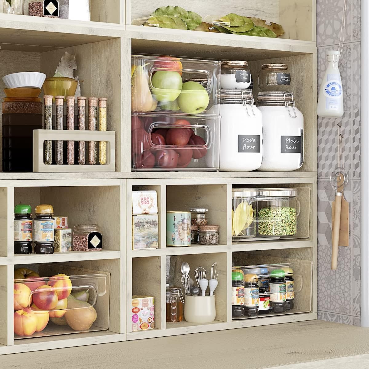 Housewarming 4-Pack Stackable Storage Boxes with Lids - Multipurpose Kitchen Organizer for Fridge, Countertops & Pantry - Space Saving Food Containers for Home Organization