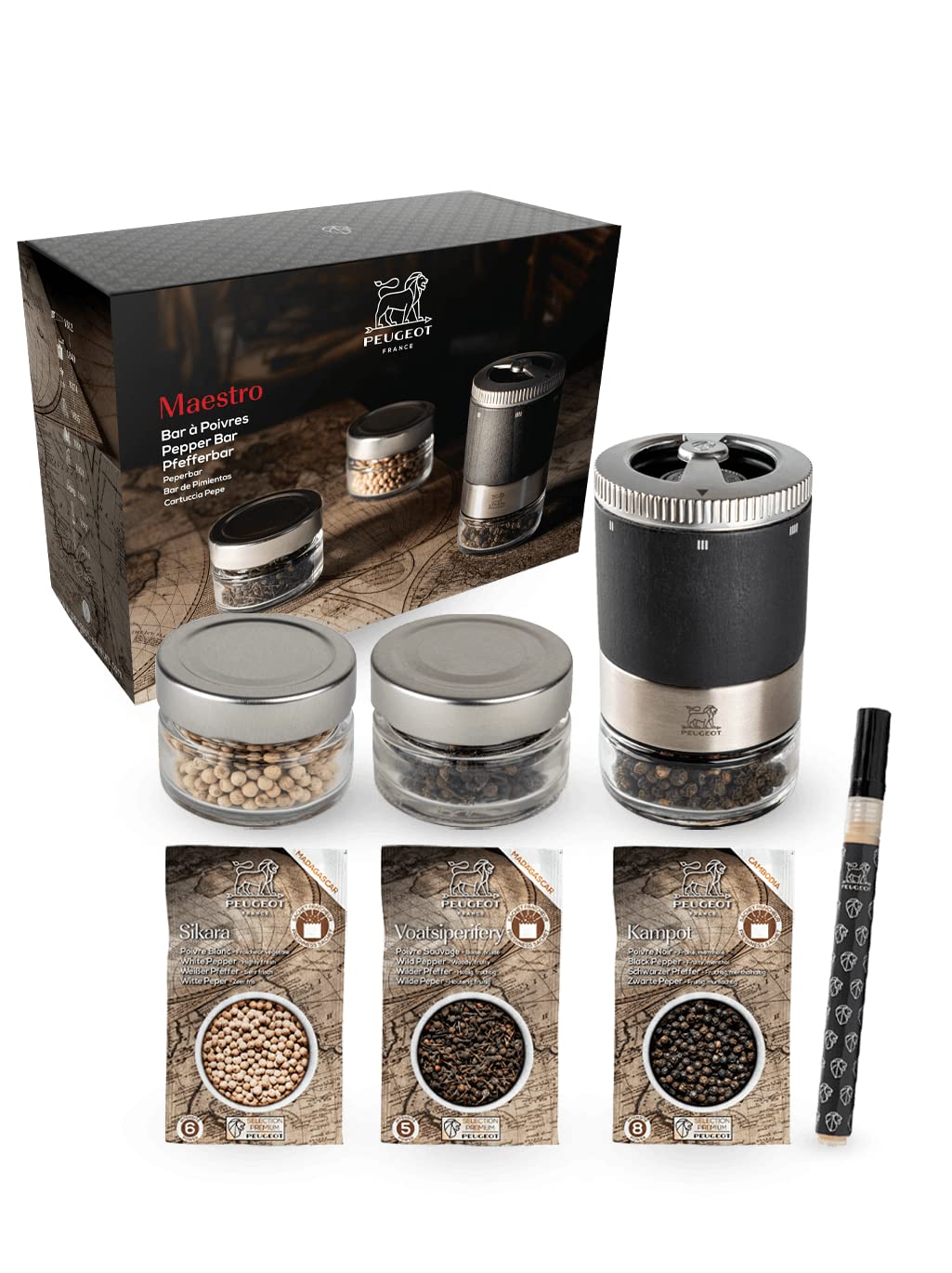 Premium Peugeot Maestro Pepper Mill Set - 3 Gourmet Pepper Varieties Included - Perfect for Kitchen, Dining & Gift Giving
