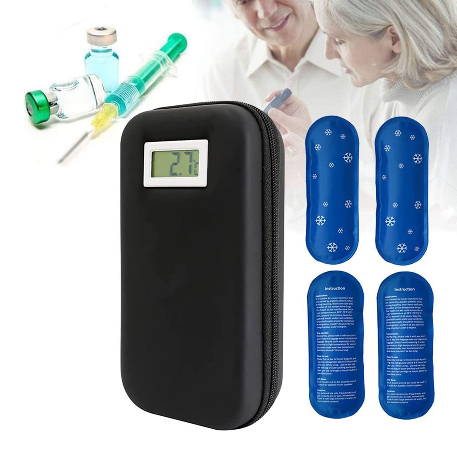 Insulin Cooler Travel Case for Insulin Pens - Portable Mini Refrigerated Box with Temperature Display & 4 Ice Packs | No Charging Needed | Perfect for Diabetics Travel, Camping & Daily Storage