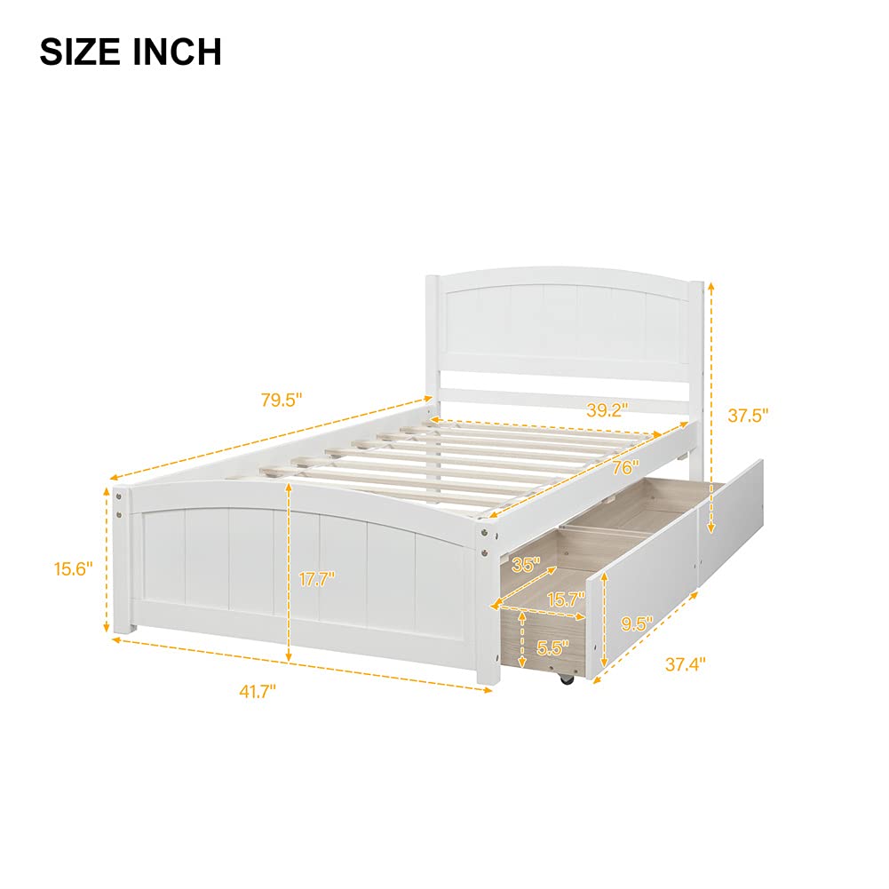 Twin Size Platform Bed Frame with 2 Drawers, Wooden Headboard & Footboard - Space Saving Design, White | Perfect for Small Bedrooms, Kids Rooms & Studio Apartments