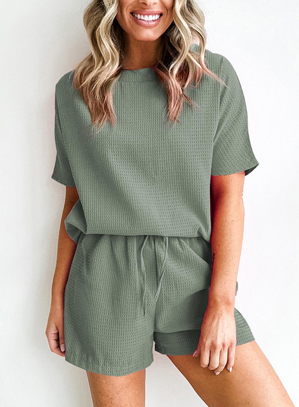 SHEWIN Women's Waffle Knit Pajama Set - 2 Piece Loungewear Outfit with Pockets | Soft & Cozy Sleepwear for Nighttime & Lounge Wear at Home