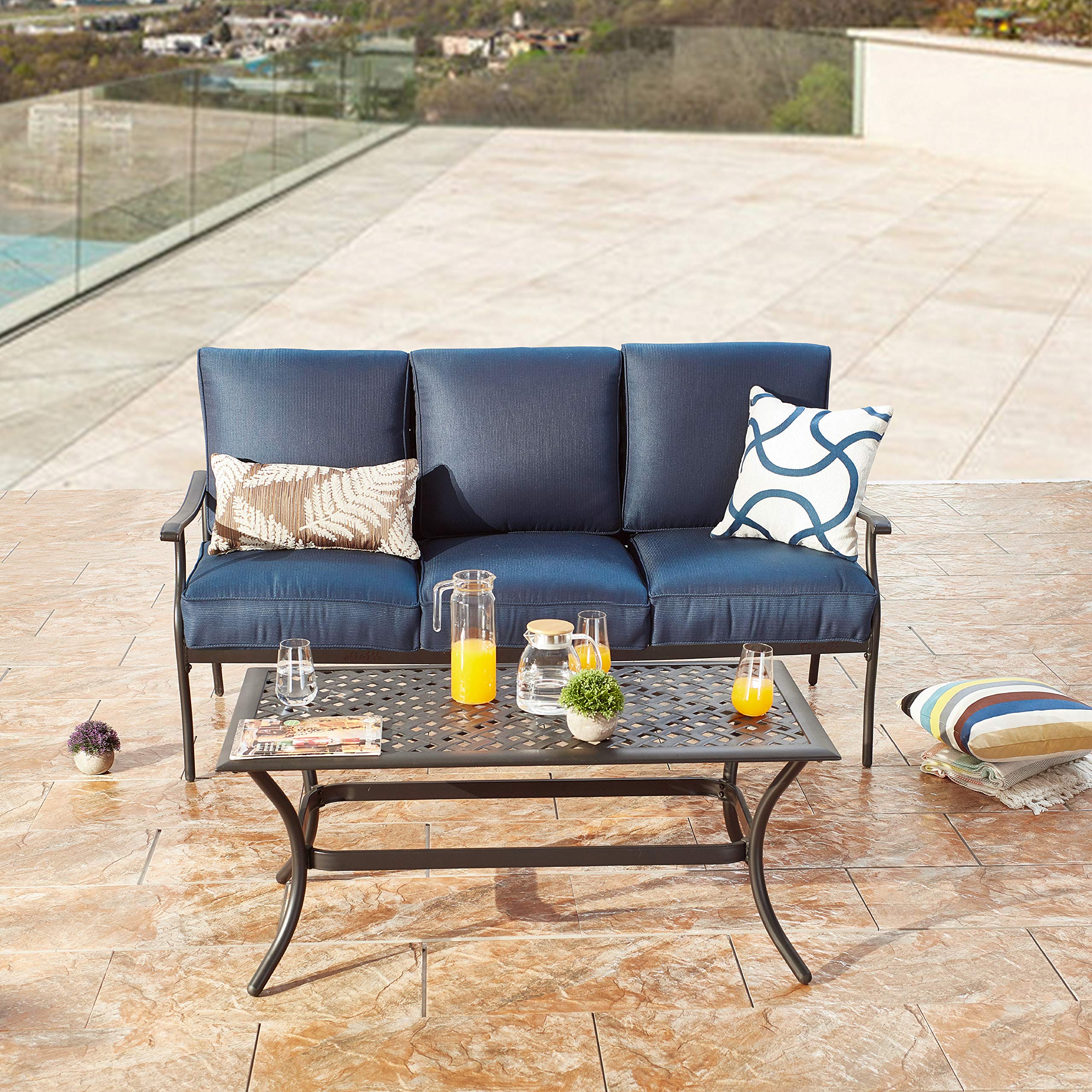 LOKATSE HOME 3-Seat Metal Outdoor Loveseat Bench with Coffee Table - Patio Bistro Set for Garden, Yard, Porch or Poolside - Durable Weather-Resistant Blue Steel Furniture (Perfect for Relaxing, Entertaining Guests & Outdoor Dining)