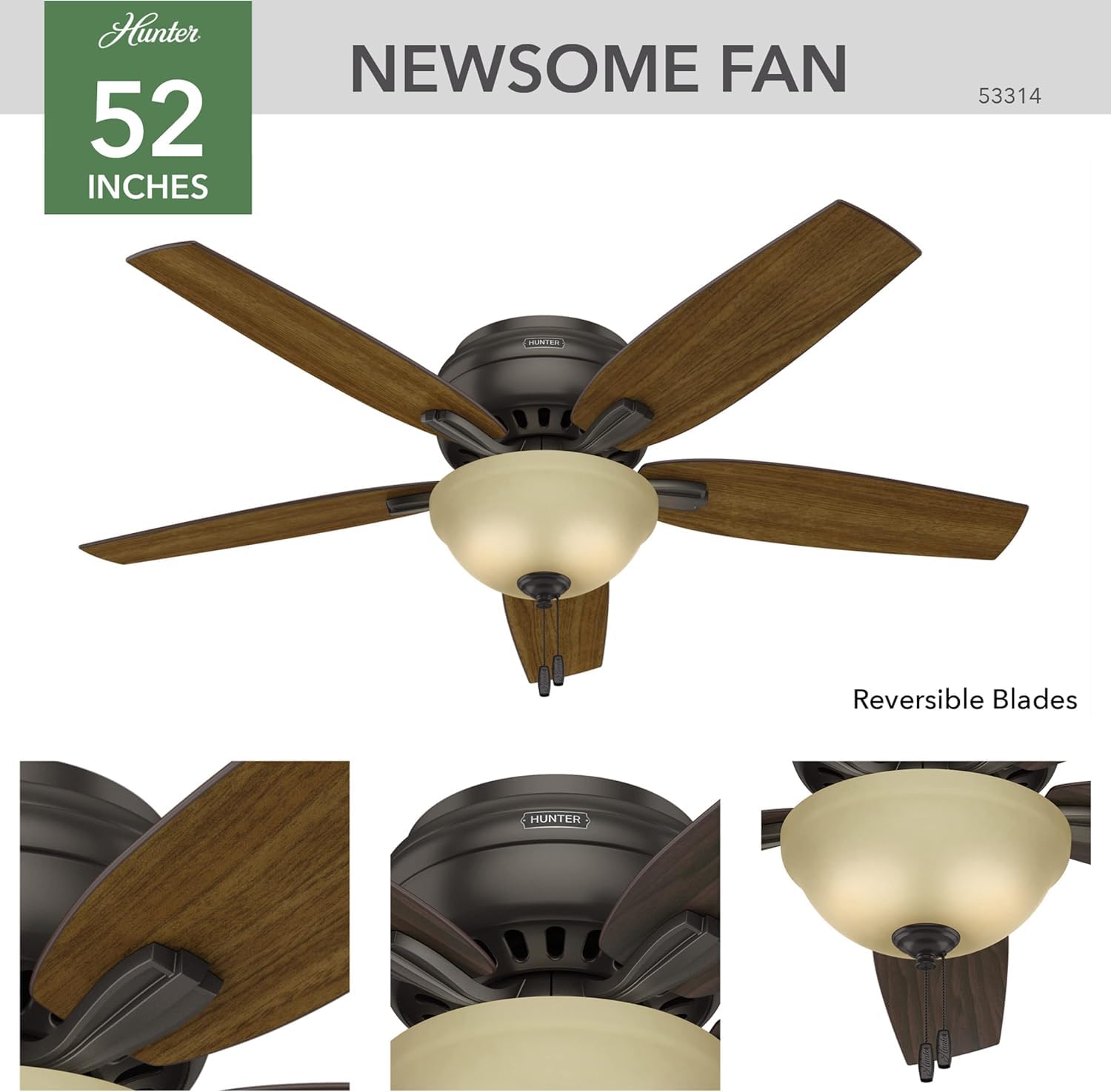 Hunter Fan Company 53314 52-Inch Newsome Premier Bronze Low Profile Ceiling Fan with LED Light Kit and Pull Chain - Perfect for Bedroom, Living Room, and Indoor Spaces