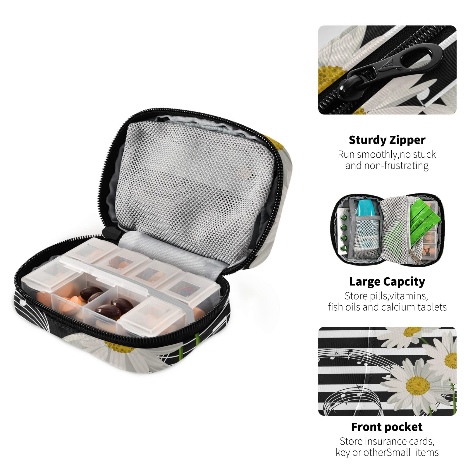 7-Day Travel Pill Organizer with Zipper - White Daisies & Black Stripes Design - Compact Weekly Pill Case for Vitamins, Supplements & Medications - Perfect for Home, Office & Travel Use