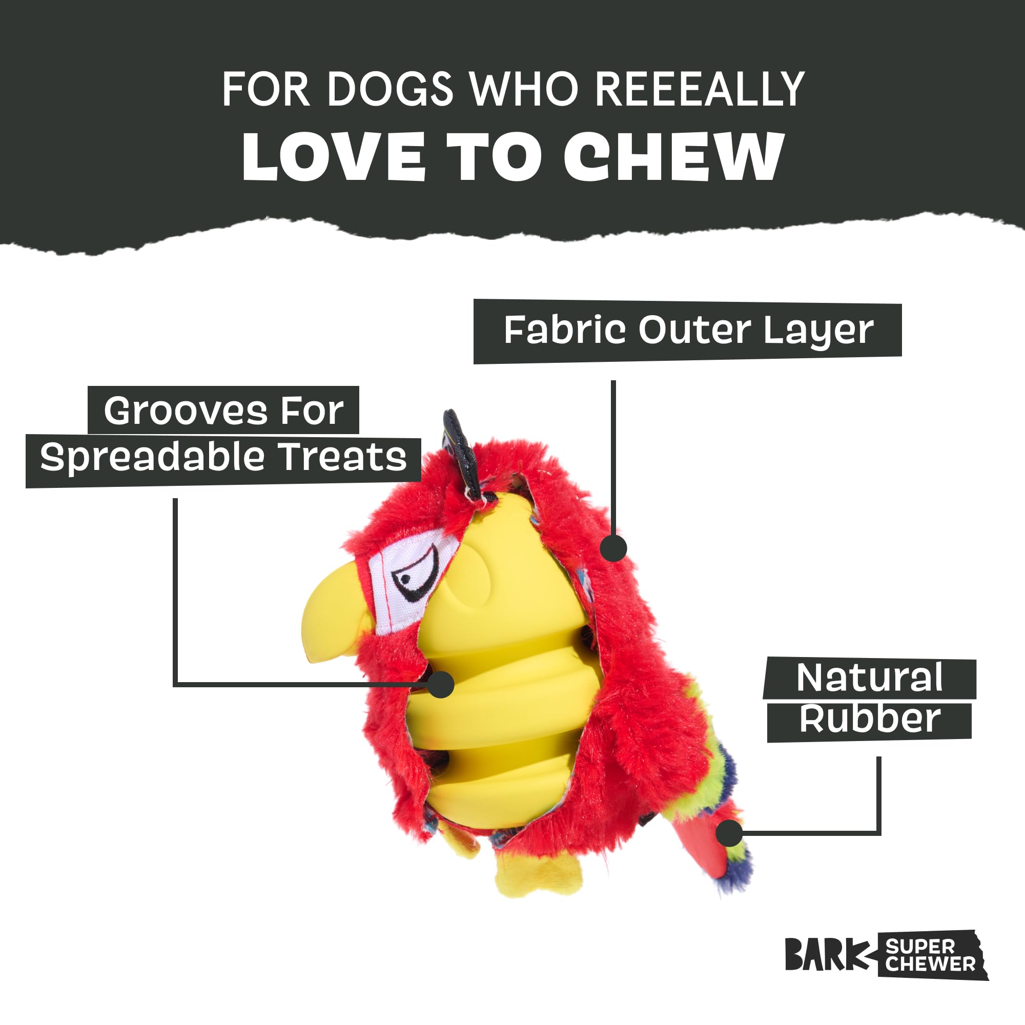 Barkbox Super Chewer Tough Dog Chew Toys for Aggressive Chewers - Durable Plush 2-in-1 Parrot Design (Large Size) - Perfect for Strong Chewing Dogs, Playtime & Training