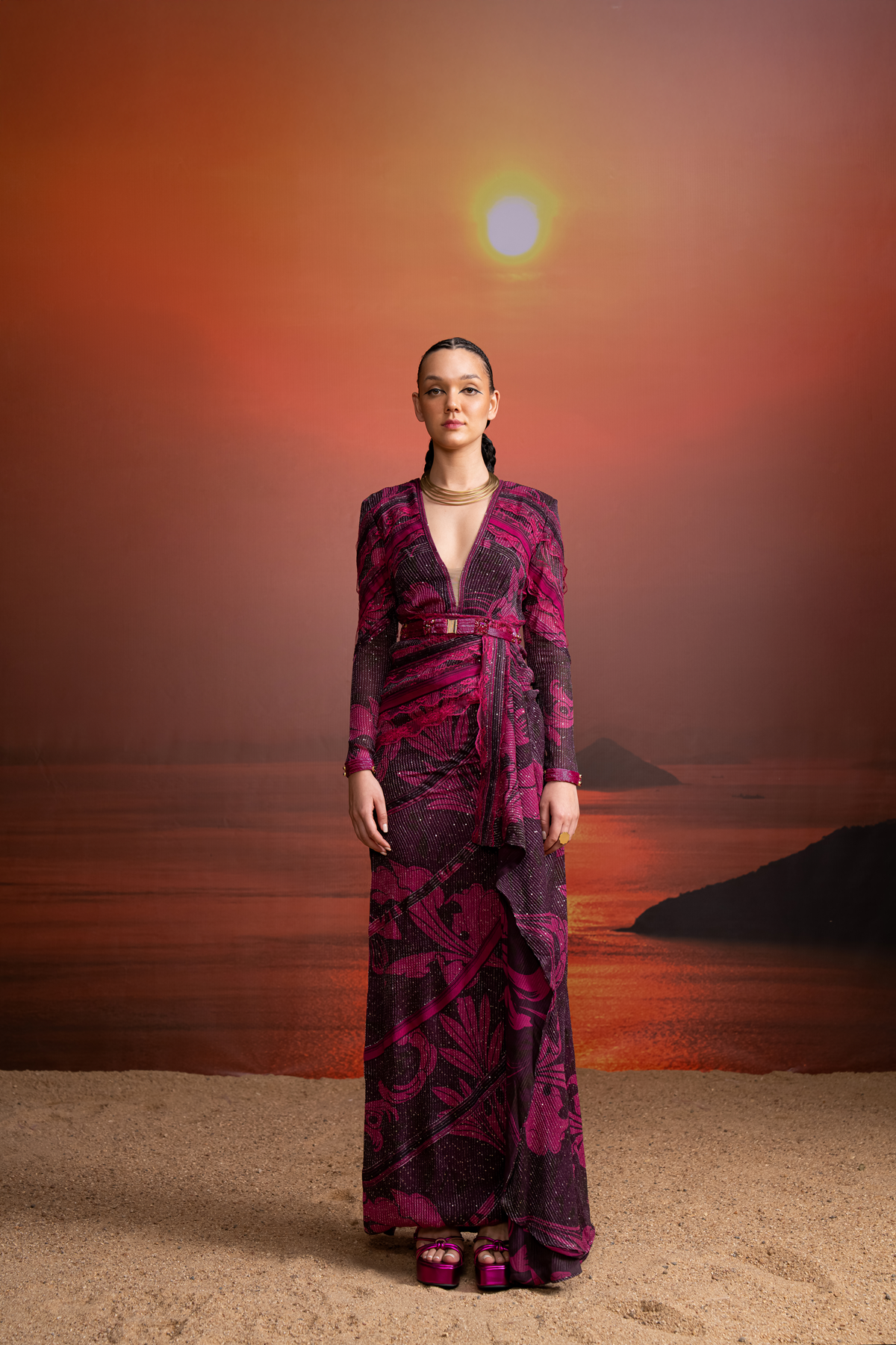 Fuchsia Swirl Printed Chantilly Lace Detailed Draped Dress for Women - Elegant Party, Wedding & Evening Occasion Wear