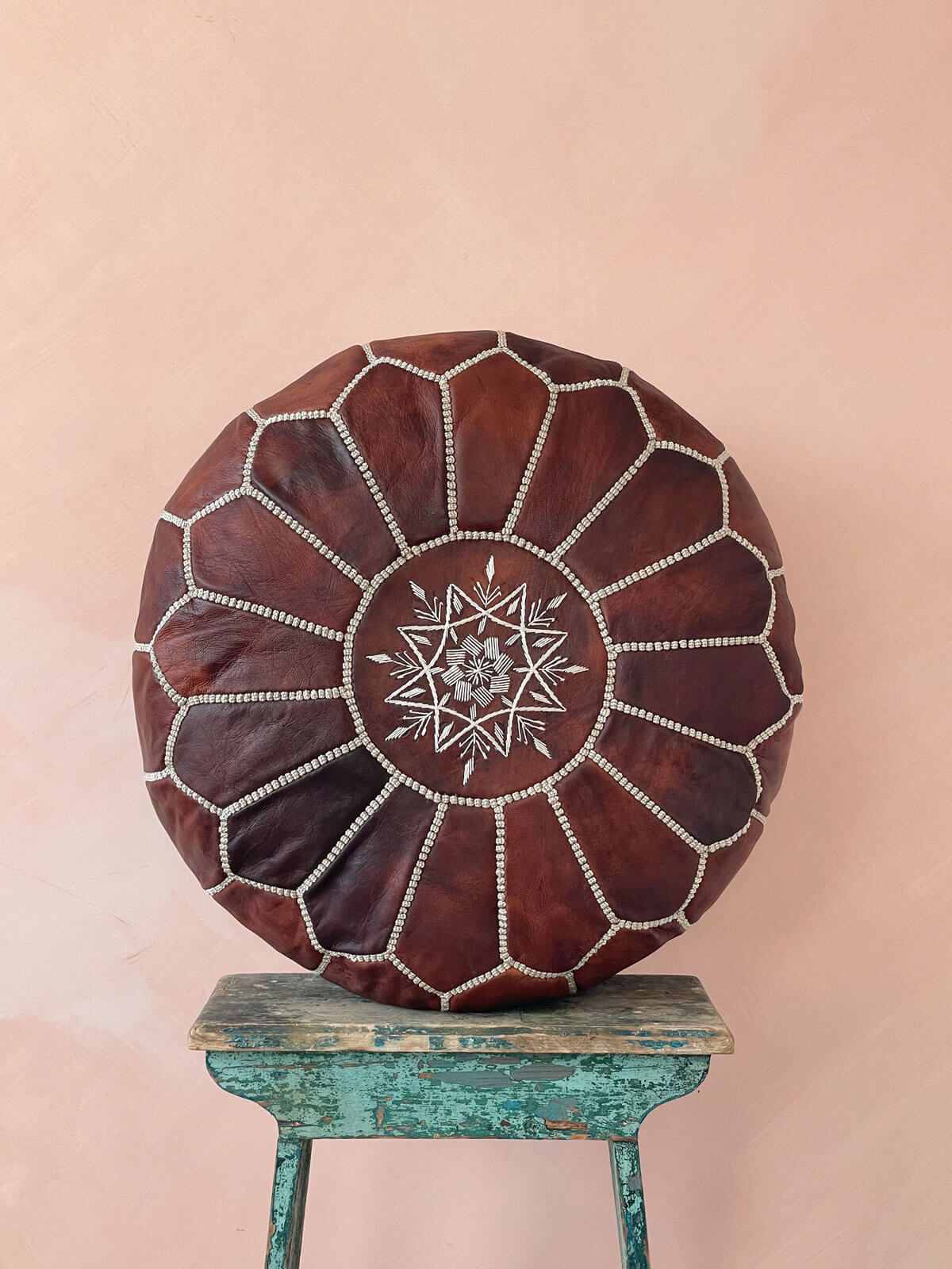 Handmade Moroccan Leather Pouffe Ottoman - Genuine Leather Footstool, Chestnut Brown - Perfect for Living Room, Bedroom, or Boho Home Decor