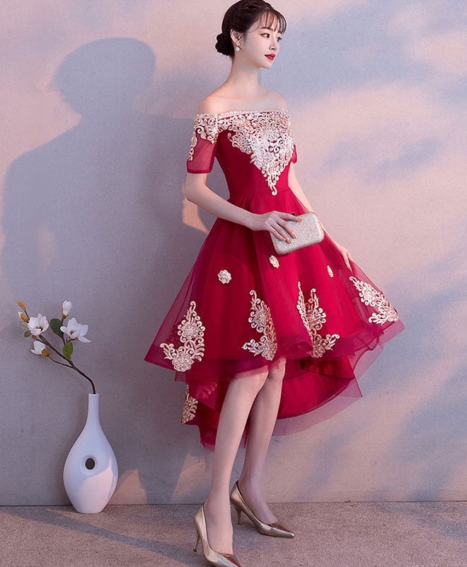 Elegant Burgundy Tulle High-Low Prom Dress with Lace Details | Formal Evening Gown for Homecoming, Bridesmaid, Wedding Party & Special Occasions