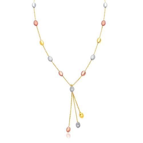 14K Tri-Color Gold Pebble Station Necklace with Triple Drop - 17 Inch Elegant Dainty Layering Chain for Women - Perfect for Everyday Wear, Date Nights & Special Occasions