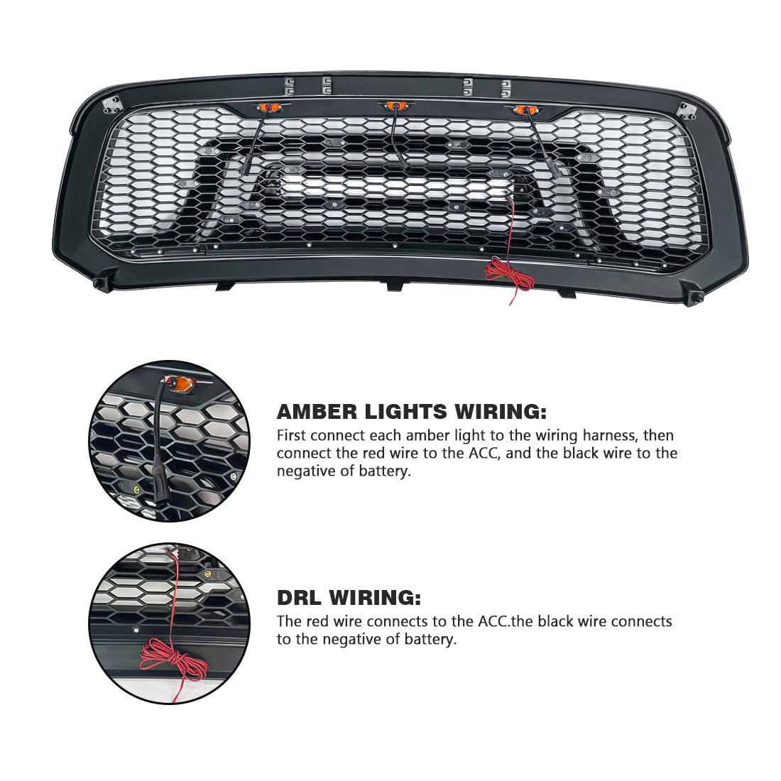 **Matte Black Front Grille for 2013-2023 Dodge Ram 1500 & Ram 1500 Classic | Off-Road Bumper Grill with LED Lights | Perfect for Off-Roading & Truck Customization**