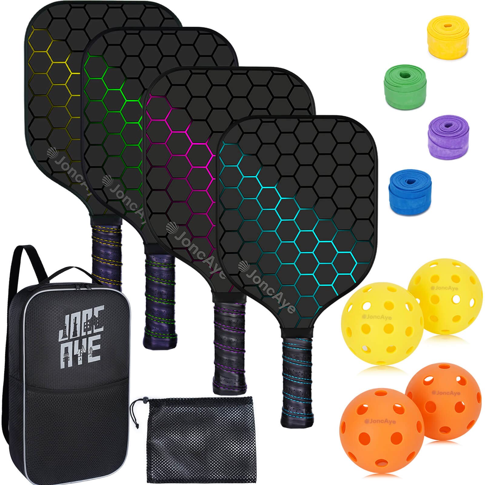 Premium Fiberglass Pickleball Paddles Set of 4 with Balls & Bags - Lightweight Indoor/Outdoor Rackets for Adults - Perfect Gift for Men & Women - Ideal for Backyard Games, Gym Training & Family Fun