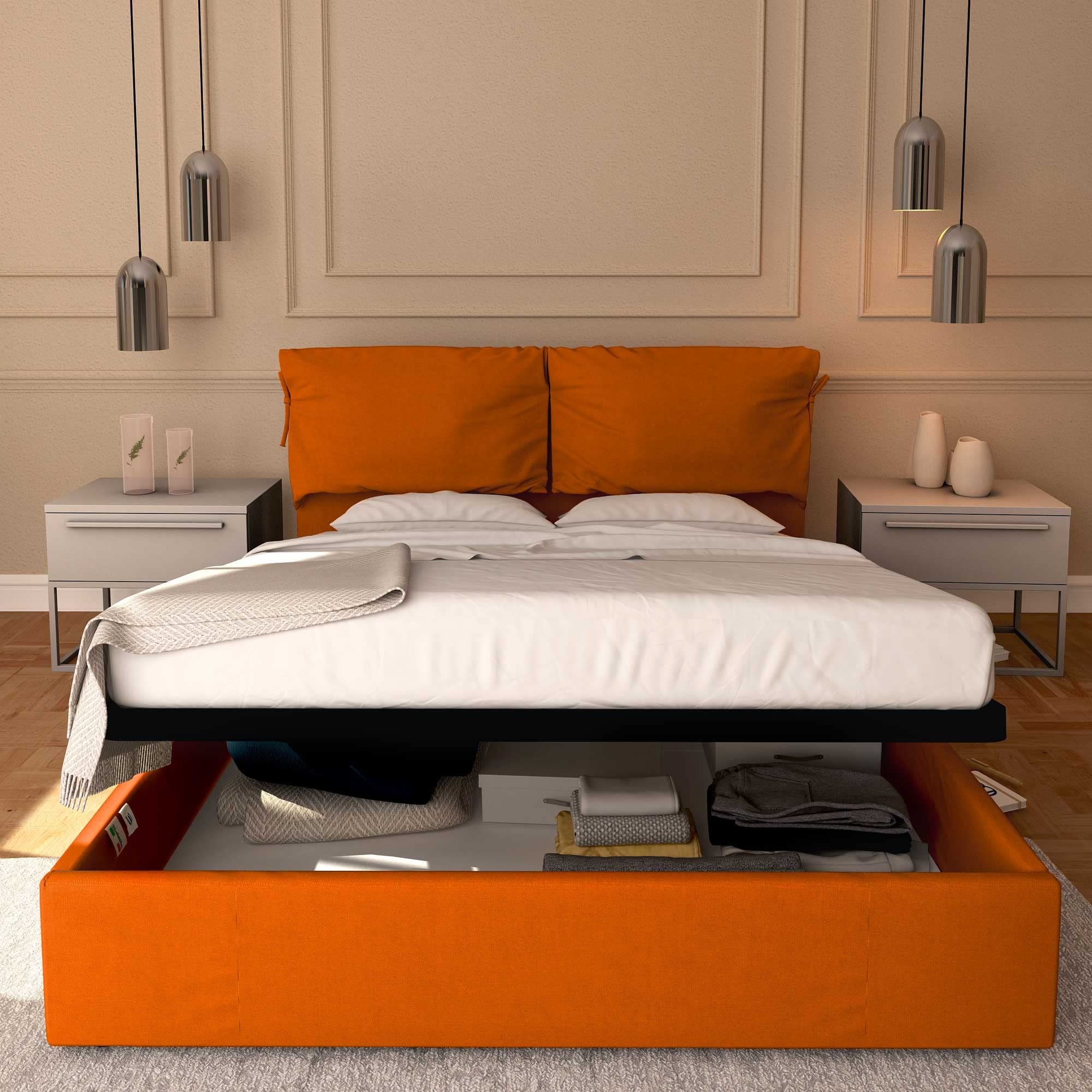 Baldiflex Single Bed with Storage - Licia Soft Synthetic Leather Upholstery, Slatted Base for Single Mattresses, 140 x 200 cm, Padded Headboard in Orange - Perfect for Small Bedrooms, Guest Rooms & Studio Apartments