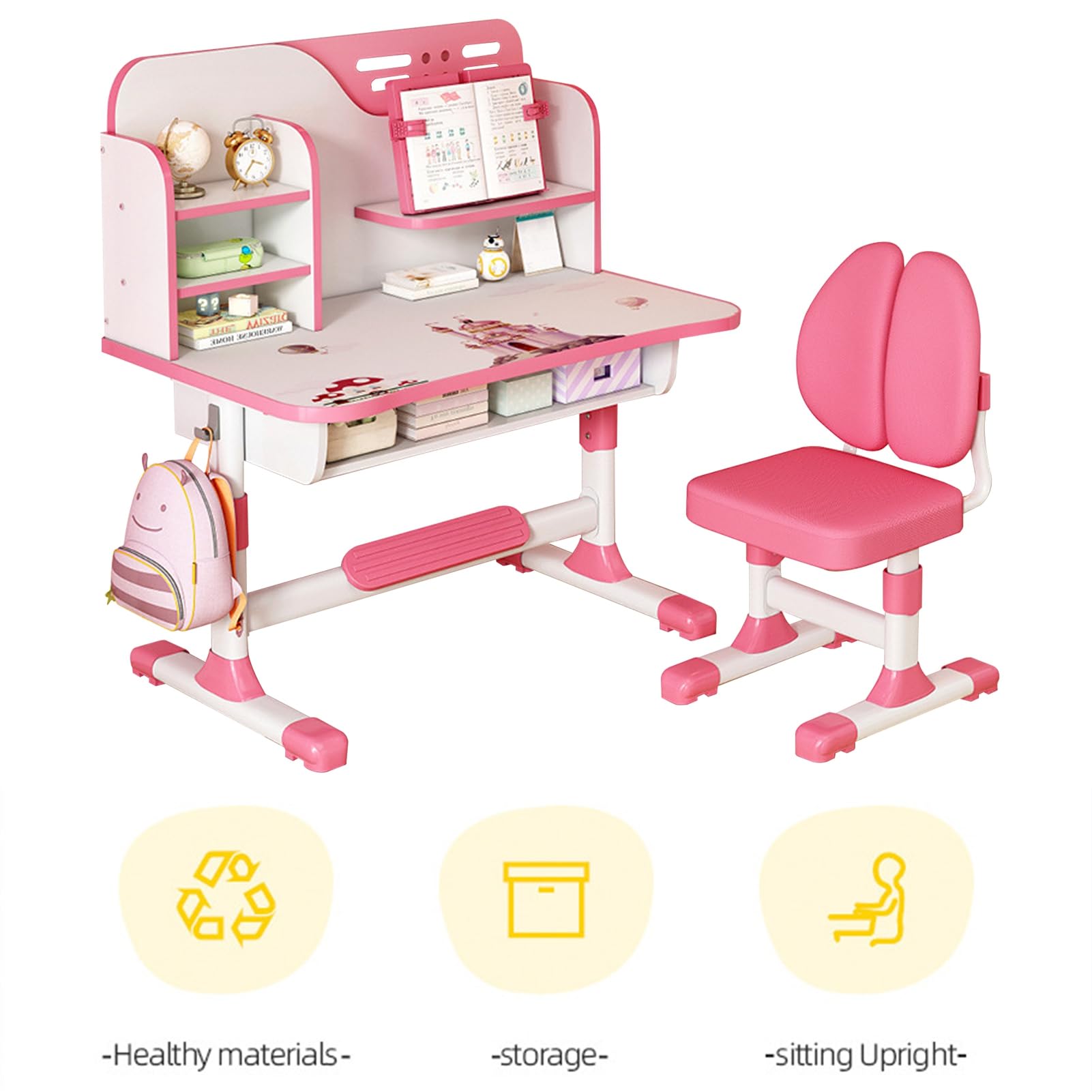 Adjustable Kids Study Desk and Chair Set with Large Writing Board, Bookshelf & Drawer - Ergonomic Children's School Furniture for Homework & Reading - Perfect Gift for Boys & Girls (Pink)