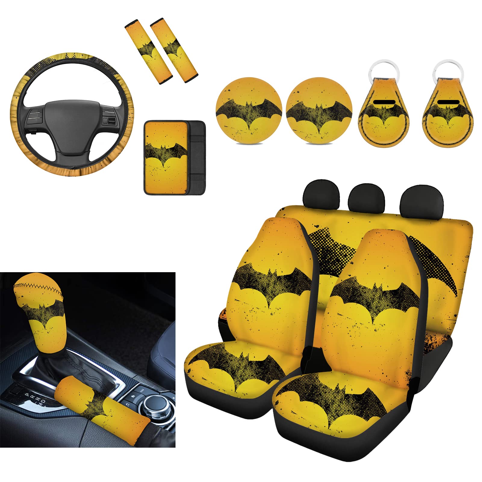 Vintage Bat Car Seat Cover Set - Halloween Themed Seat Covers with Steering Wheel Cover, Shoulder Pads, Armrest Cover, Handbrake & Gear Shift Covers, Keychain & Car Coasters for Men - Perfect for Halloween Decorations, Car Accessories & Gothic Style Vehicles