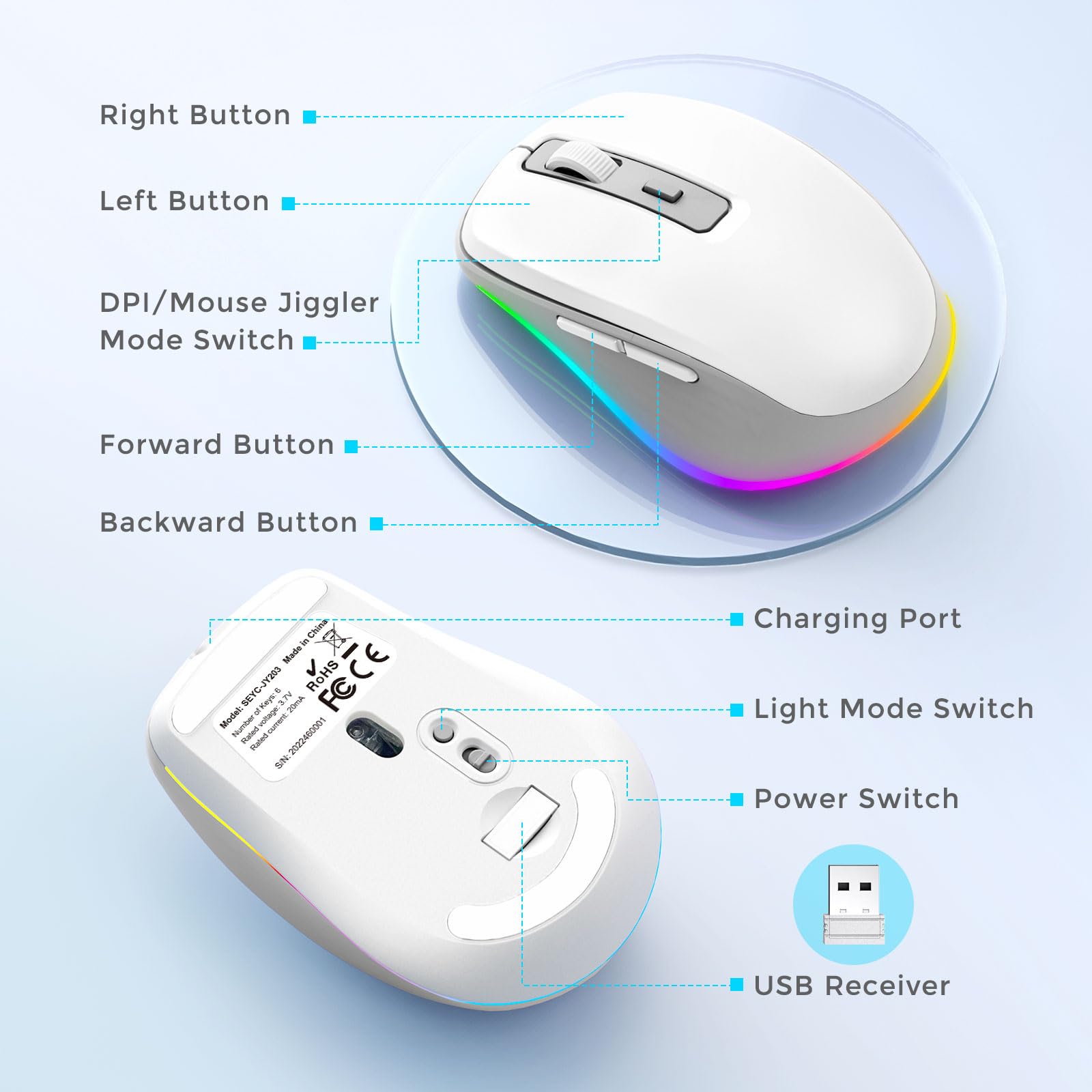 PEIOUS Wireless Mouse Jiggler - Undetectable Random Movement USB Mouse with Built-in Mover, Rechargeable Silent Mouse for Laptop/PC to Prevent Sleep Mode - White & Grey - Perfect for Remote Work, Online Meetings & Computer Maintenance