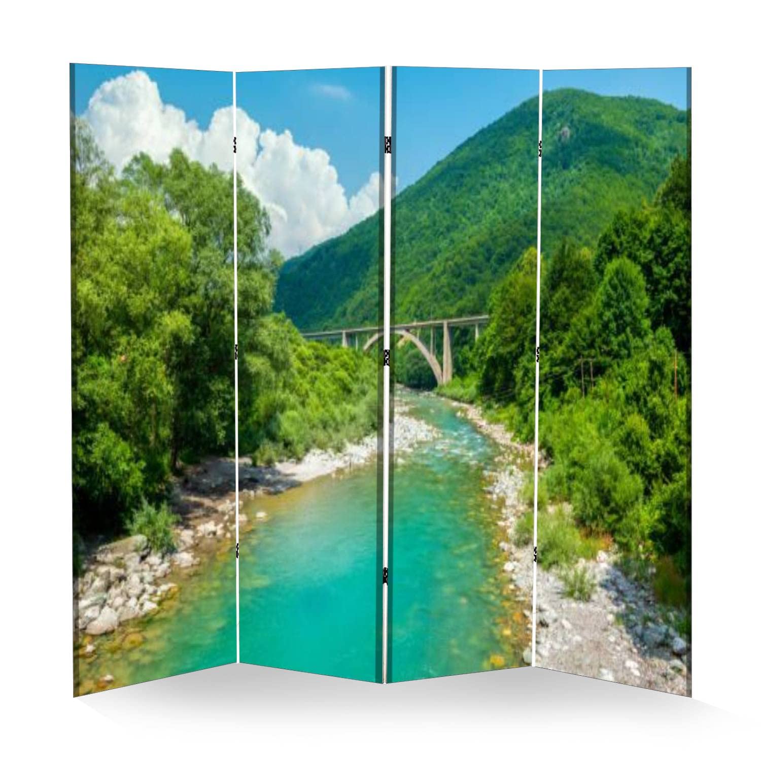 VDSRYGMLB Wooden Room Divider with Mountain & River Canvas Print - 4-Panel Folding Privacy Screen for Home Office, Bedroom Partition & Indoor Display Shelves | Dual-Sided Decorative Wall Divider for Living Room, Yoga Studio & Dorm