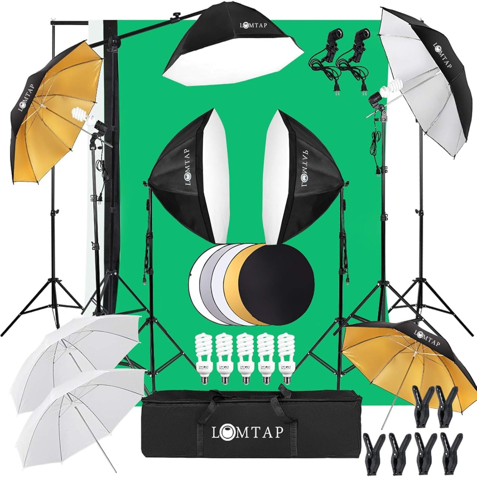 LOMTAP 10ft Backdrop Stand with Green Screen - Professional Photography Lighting Kit Includes 3 Softboxes, 5 Photo Umbrellas & 5-in-1 Reflector - Perfect for Video Equipment, Studio Lights, YouTube Setup and Party Photography