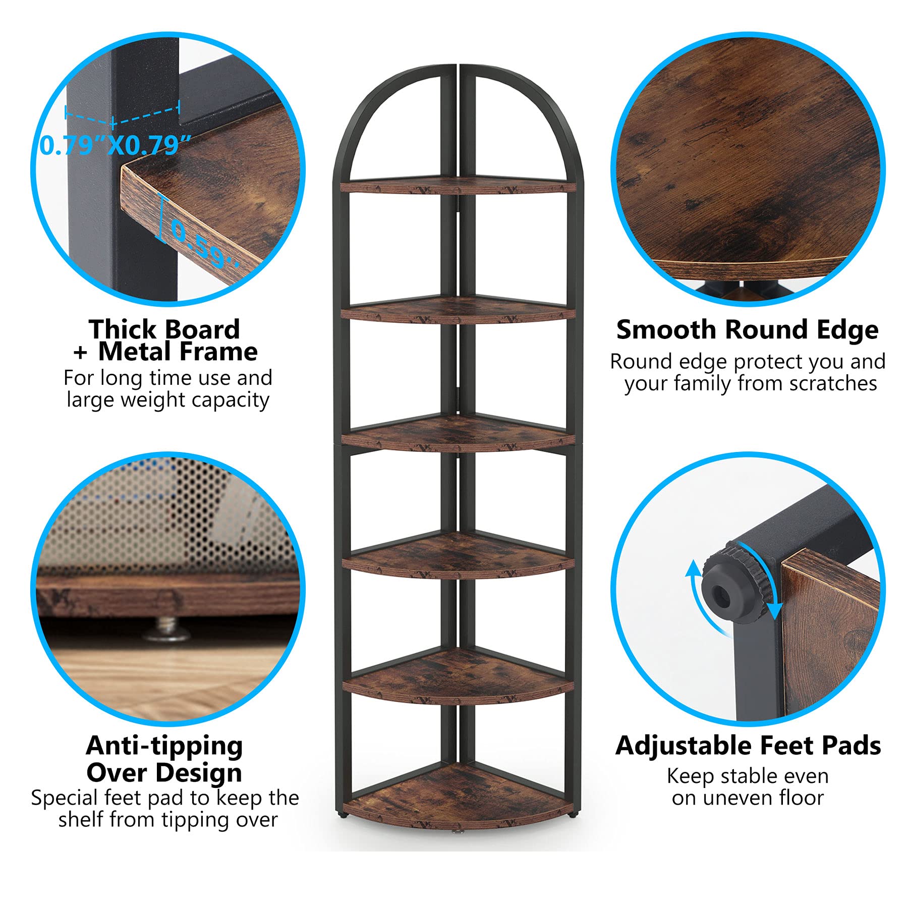 Tribesigns 6-Tier Tall Corner Bookshelf - 71 Inch Rustic Wood Shelf for Small Spaces, Home Office, Living Room & Kitchen - Perfect for Organizing Books, Plants, Decor & Kitchen Supplies