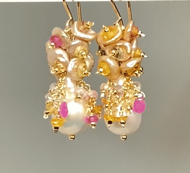 Baroque Flameball Pearl Earrings with Clusters of Sapphires and Keishi Pearls in Gold Fill - Elegant Statement Jewelry for Weddings, Parties & Special Occasions
