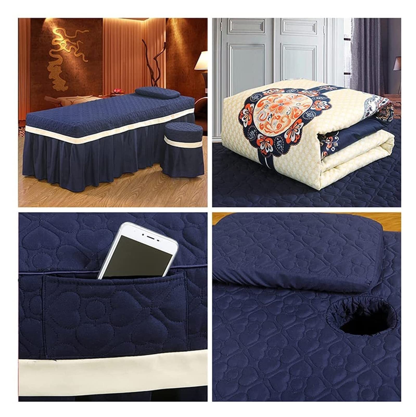 SPA Treatment Beauty Salon Massage Table Bed Skirt Set - 4-Piece Soft Cotton Facial Bed Cover with Square Head Design for Physiotherapy & Skincare Treatments | Perfect for Professional Salons, Spas & Home Use