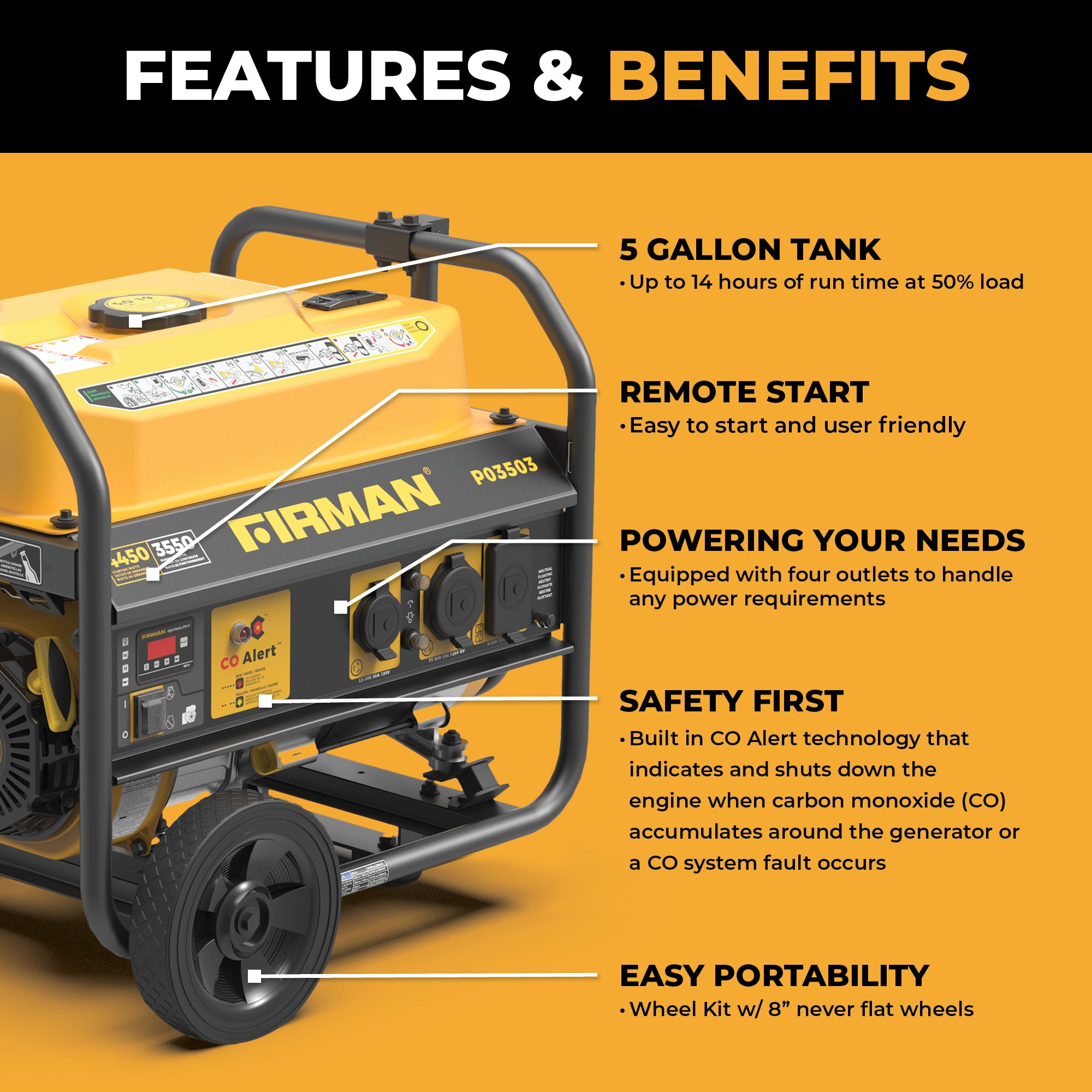 4450W Portable Gas Generator with Recoil Start & CO Alert - 120V Power for Camping, Emergencies & Outdoor Activities
