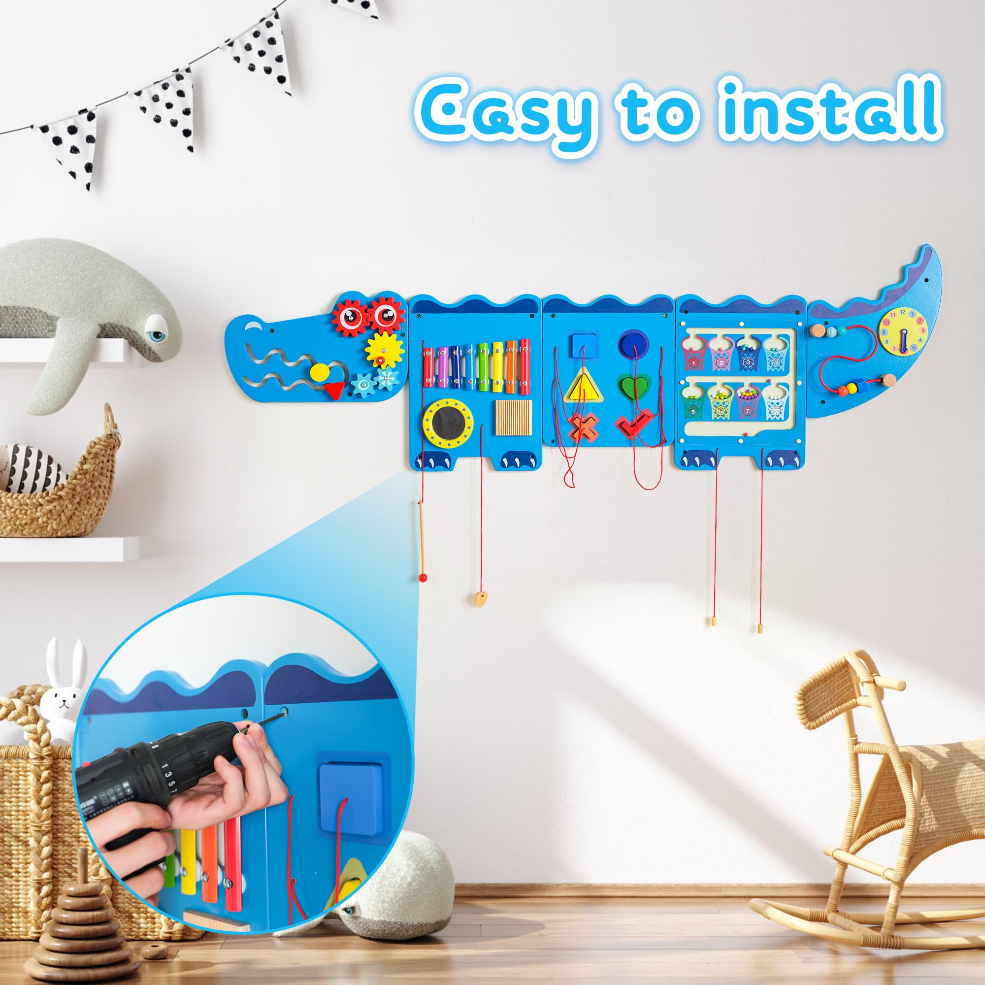 Crocodile Sensory Toys Activity Wall Panels - Montessori Educational Busy Board for Toddlers, Wooden Learning Activity Cube & Interactive Sensory Wall (Blue) | Perfect for Daycare, Preschool & Home Playrooms