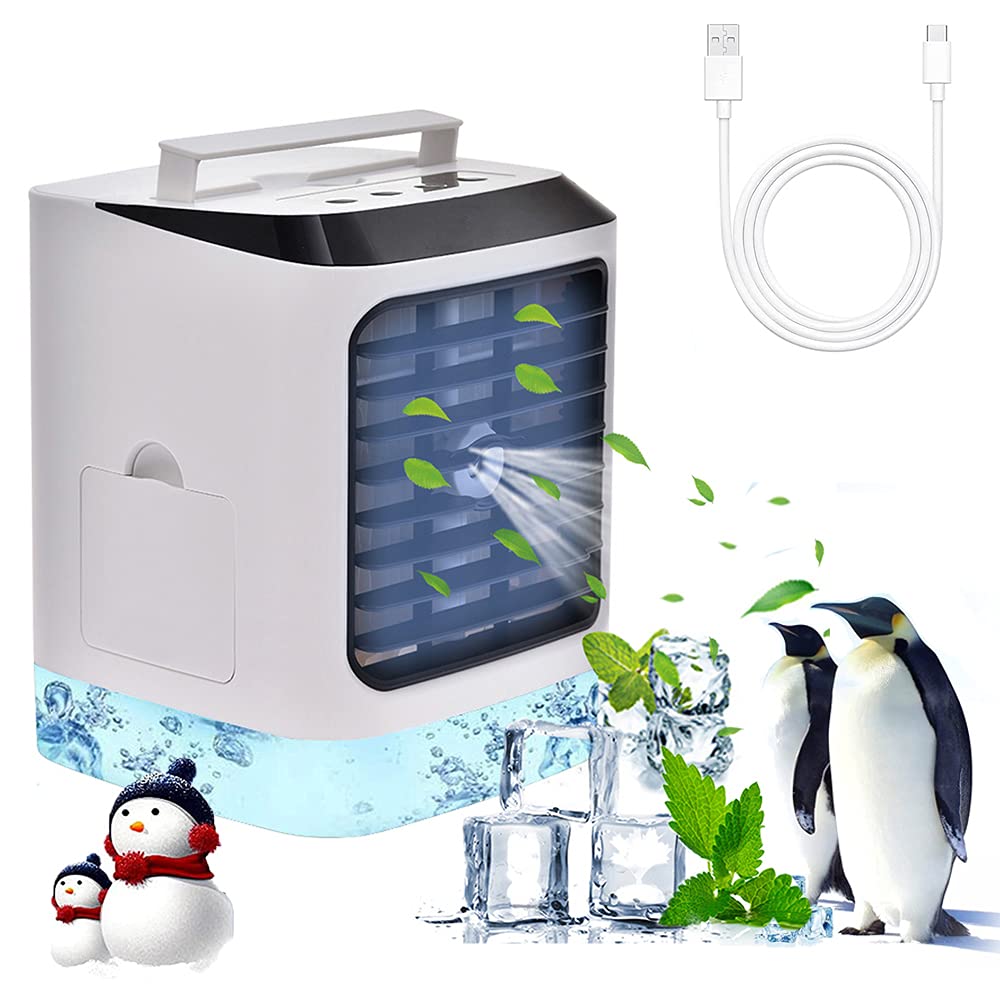 Portable Air Conditioner Fan - Mini USB Desk Air Cooler with 3 Speeds, 7-Color Night Light, Quiet Humidifier & Misting Function - Perfect for Home, Office, Bedroom, Dorm & Outdoor Use