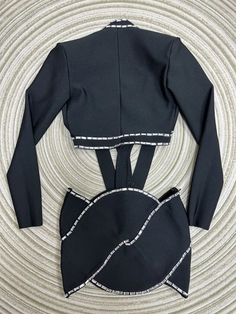 2023 New Women's Long Sleeve Sexy Bodycon Mini Skirt Set - Rayon Bandage High Street Fashion Outfit for Party, Club, Date Night & Casual Wear