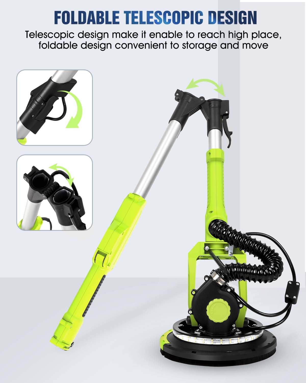 7.2A Electric Drywall Sander with Vacuum Dust Collection - 6 Speed Adjustable (900-1800 RPM), LED Light, Foldable Handle & 12 Sandpapers - Perfect for Home Renovation, Drywall Repair and DIY Projects