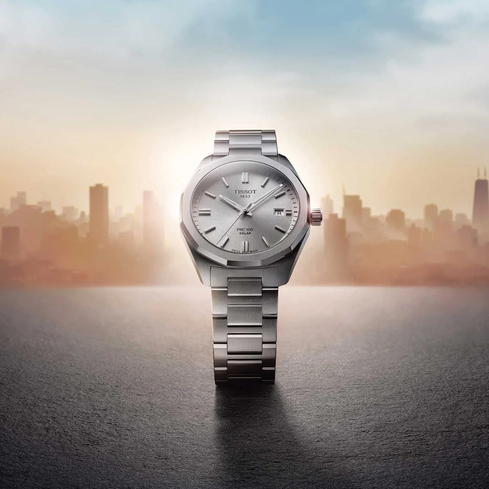 PRC 100 Solar Quartz 39mm Silver Stainless Steel Bracelet Watch for Men - Perfect for Outdoor Activities, Business & Casual Wear
