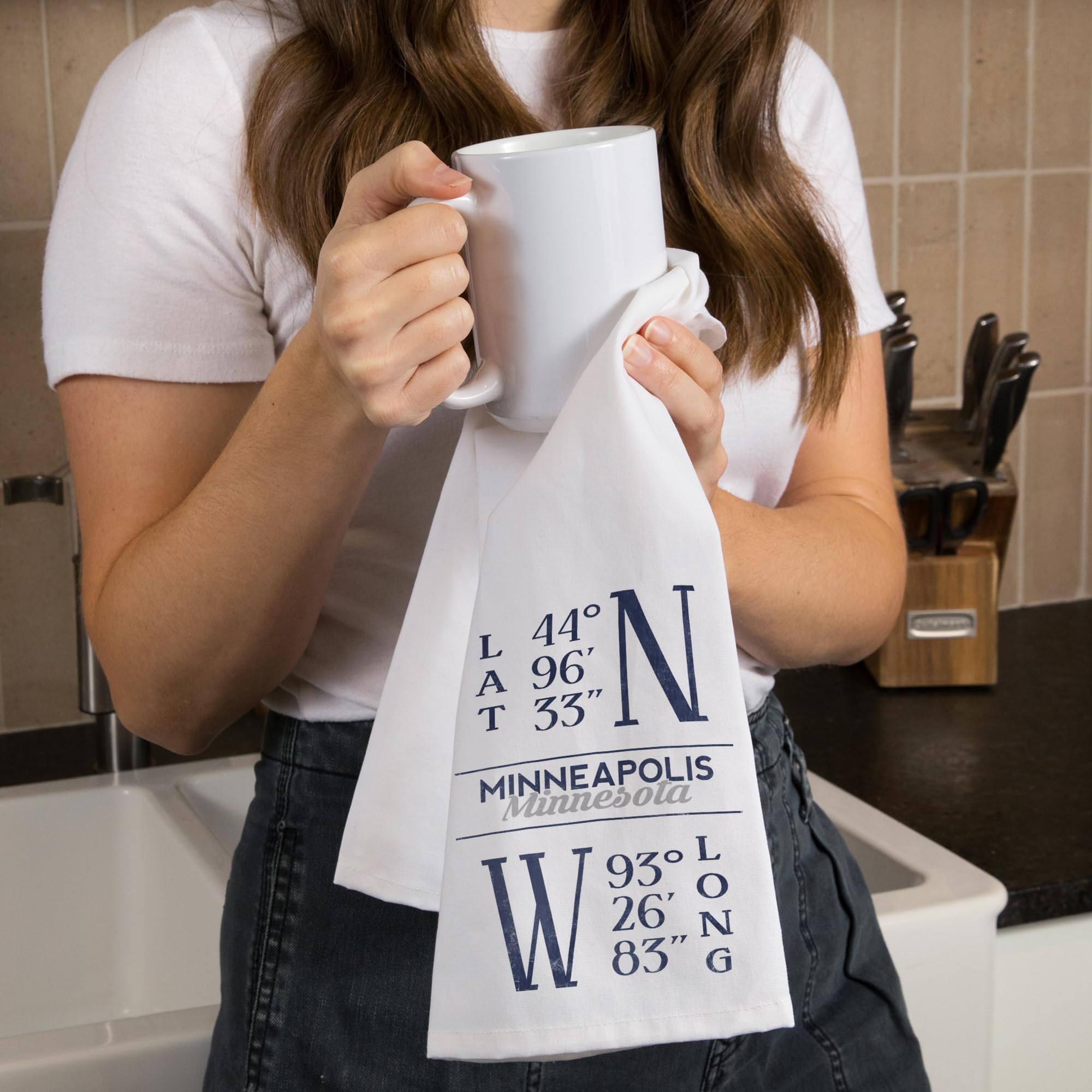 Lantern Press Minneapolis Minnesota Latitude Longitude Blue 100% Cotton Tea Towel - Decorative Hand Towel for Kitchen, Home Decor & Gift - Perfect for Dish Drying, Wall Art & Farmhouse Decor