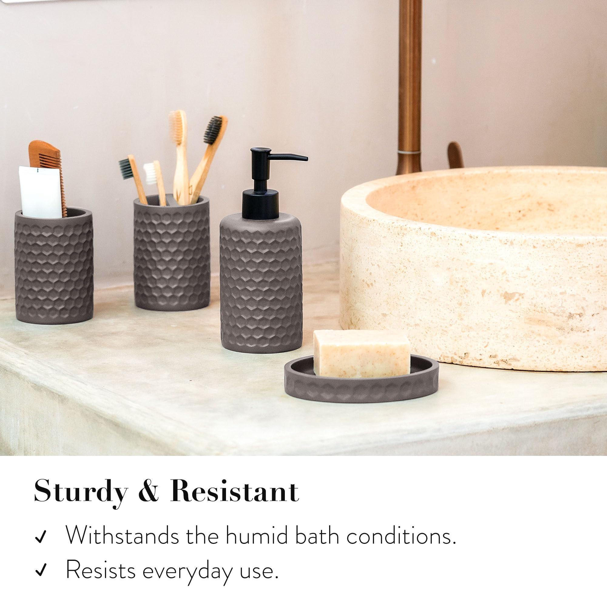 Premium 6-Piece Warm Grey Bathroom Accessory Set - Includes Trash Can, Toothbrush Holder, Cup, Soap Dispenser, Dish & Toilet Brush with Holder | Modern Bathroom Organization for Home, Apartment & Guest Bath Decor