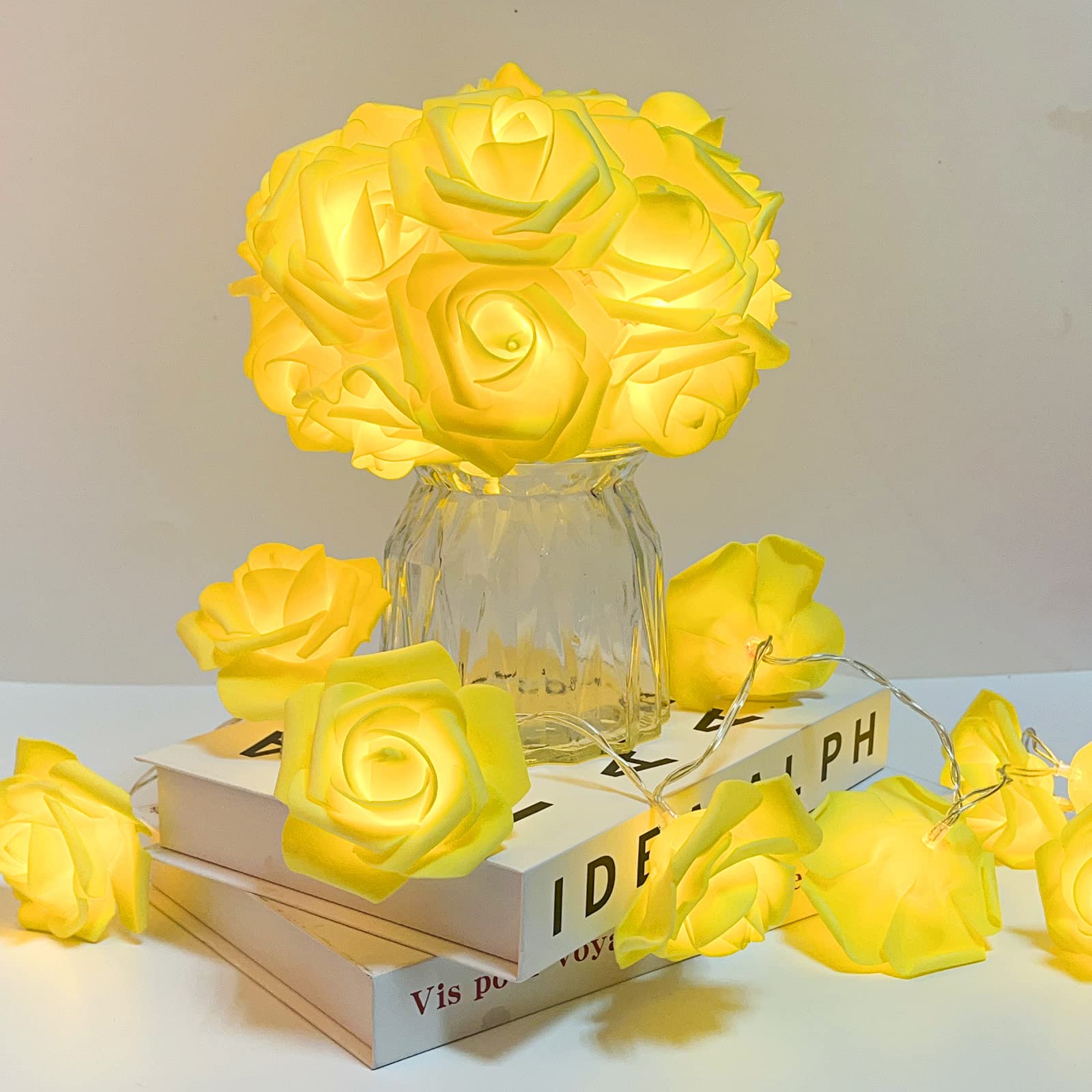 VIPMOON 20LED Rose Flower String Lights - 2M Battery Operated Fairy Lights with Warm Yellow Glow for Wedding, Garden, Party & Home Decoration | Romantic Ambiance Lighting for Bedroom, Patio and Special Events