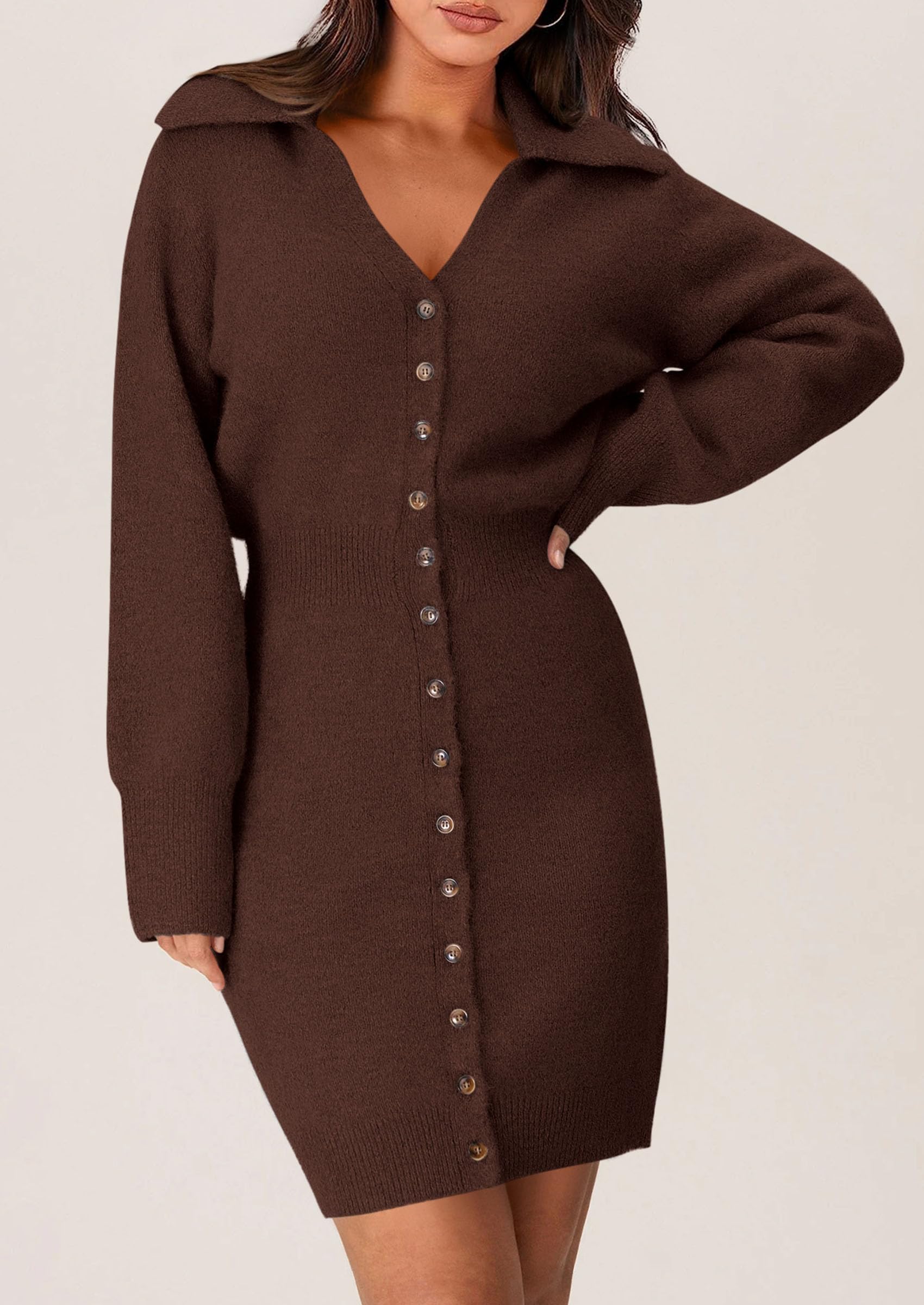 PRETTYGARDEN Women's 2025 Trendy Long Sleeve Button Down Sweater Dress - Spring Short Knit Dress for Casual Outings & Office Wear
