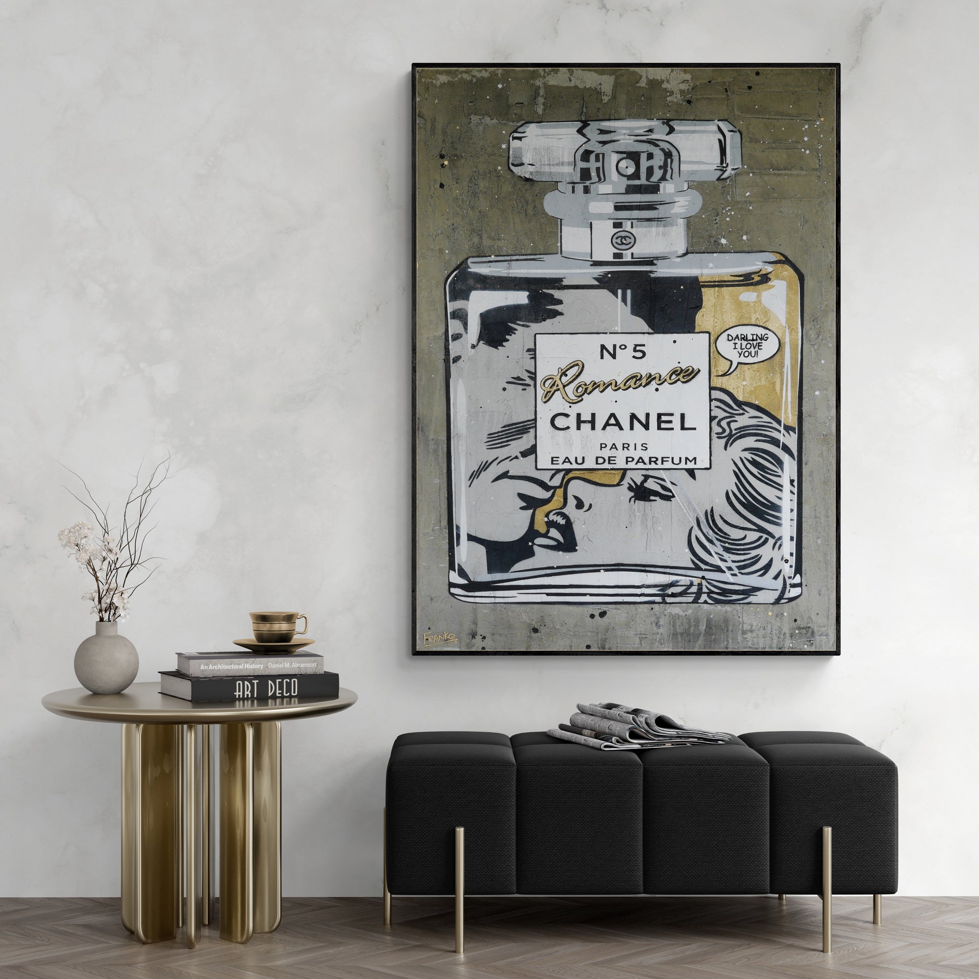 Golden Romance 100cm x 140cm Perfume Concrete Textured Urban Pop Art Canvas Painting - Modern Home Decor for Living Room, Bedroom & Office Wall Art