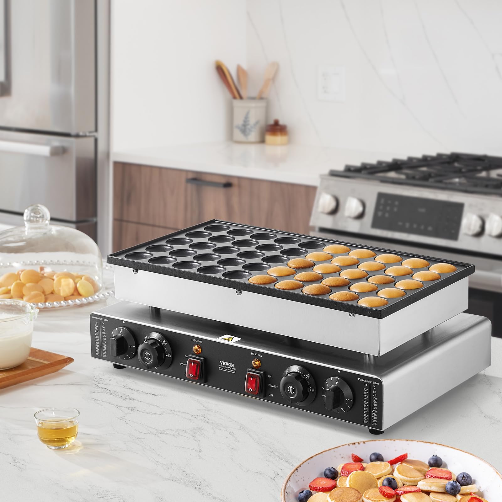 VEVOR 110V Mini Dutch Pancake Maker Machine - 1700W Commercial Electric Nonstick Waffle Baker with 50PCS 1.8 Inch Molds, Dual Thermostats & Independent Timers - Perfect for Home Kitchens, Cafes, and Breakfast Restaurants