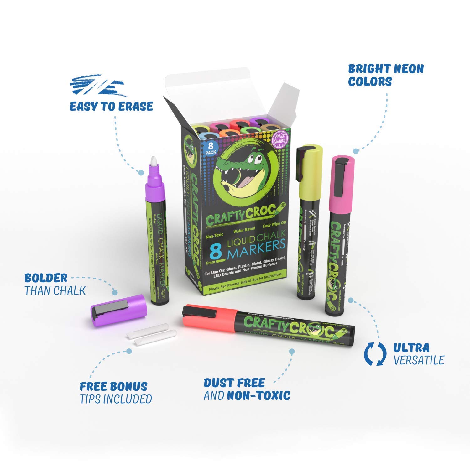 8 Neon & 4 White Chalk Markers Set - Vibrant Dry Erase Markers for Chalkboards, Glass, Windows, Blackboards & Mirrors - Perfect for Restaurants, Classrooms, Events & DIY Crafts