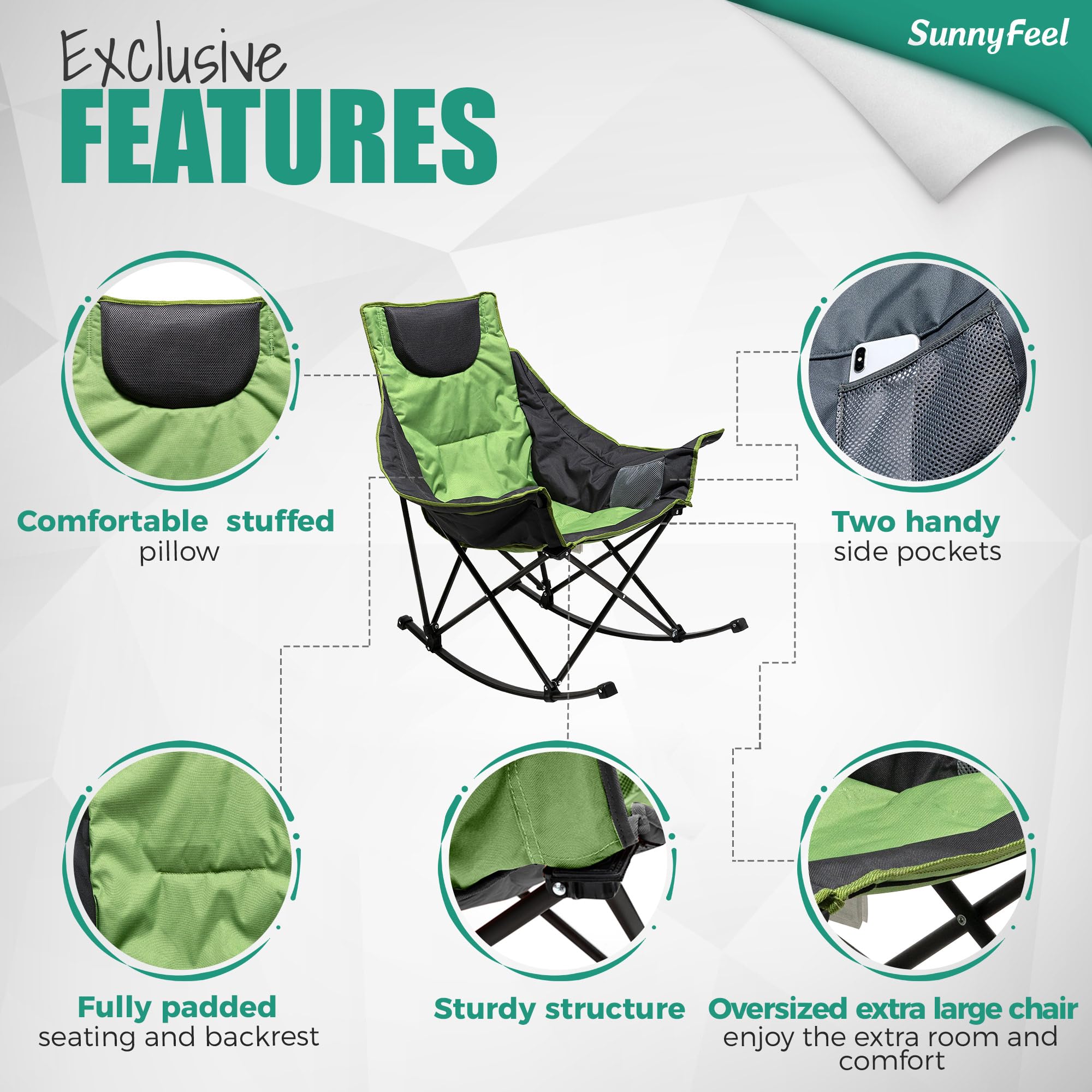 Sunnyfeel Oversized Padded Camping Rocking Chair for Adults - Luxury Recliner, Foldable Outdoor Lawn Chair for Patio, Backyard, Beach & Picnic (Green)