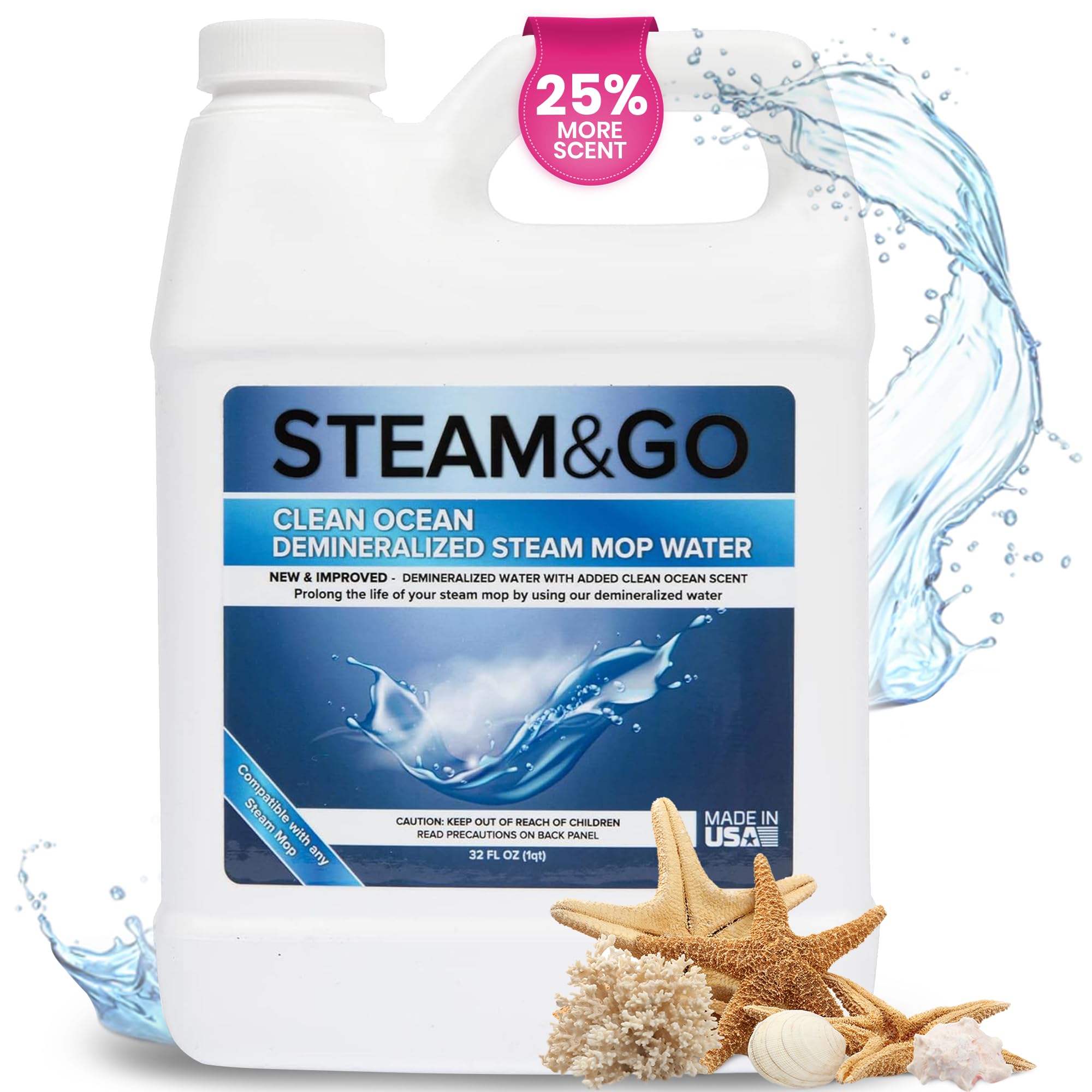 Steam & Go Demineralized Water for Steam Mops - PVC-Free Floor Cleaner Solution (32oz) | Compatible with All Steam Mops | Ready-to-Use Multi-Surface Cleaner | Ocean Scented | Perfect for Hardwood, Tile & Laminate Floors