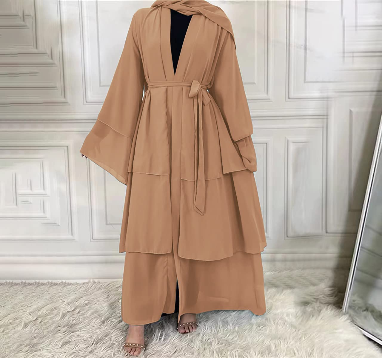 Elegant Muslim Abaya Dress for Women - Long Sleeve Islamic Dubai Abaya Cardigan Robe - Modest Middle East Prayer Dress with Hijab - Perfect for Prayer, Mosque, and Special Occasions