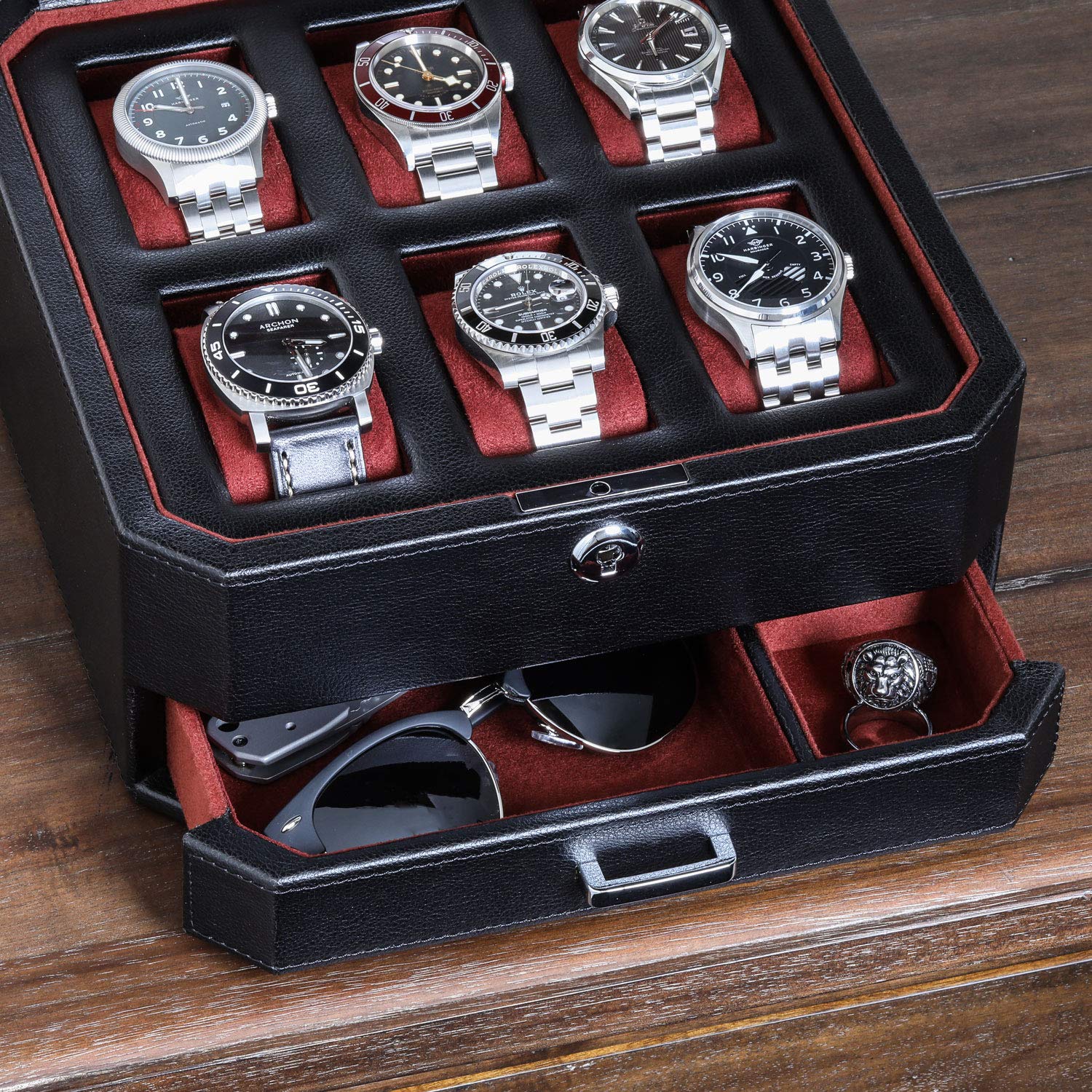 Premium ROTHWELL 6-Slot Leather Watch Box with Valet Drawer - Luxury Watch Display Case Organizer with Microsuede Lining & Locking Mechanism - Large Glass Top Jewelry Storage for Men (Black/Red) - Perfect for Watch Collectors, Gifts & Home Décor