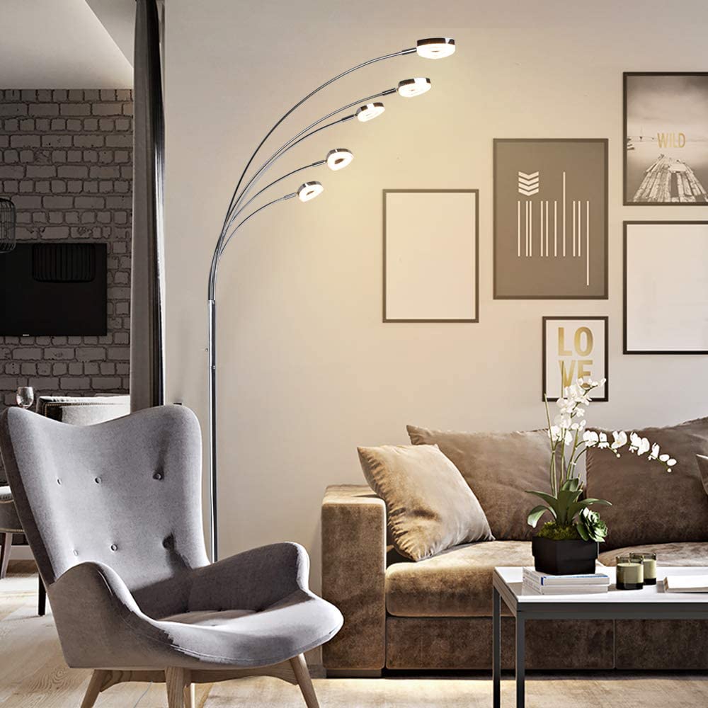 DLLT 5-Head Adjustable Arc Floor Lamp - Modern Spider Design with 5 Flexible Arms, 3 Brightness Levels (Warm White 3000K), Silver Finish - Perfect for Living Room, Bedroom, Office & Reading Nook Lighting