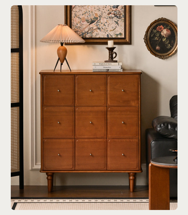 Vintage French Retro 9-Drawer Solid Poplar Wood Cabinet - Elegant Storage for Bedroom, Living Room & Office